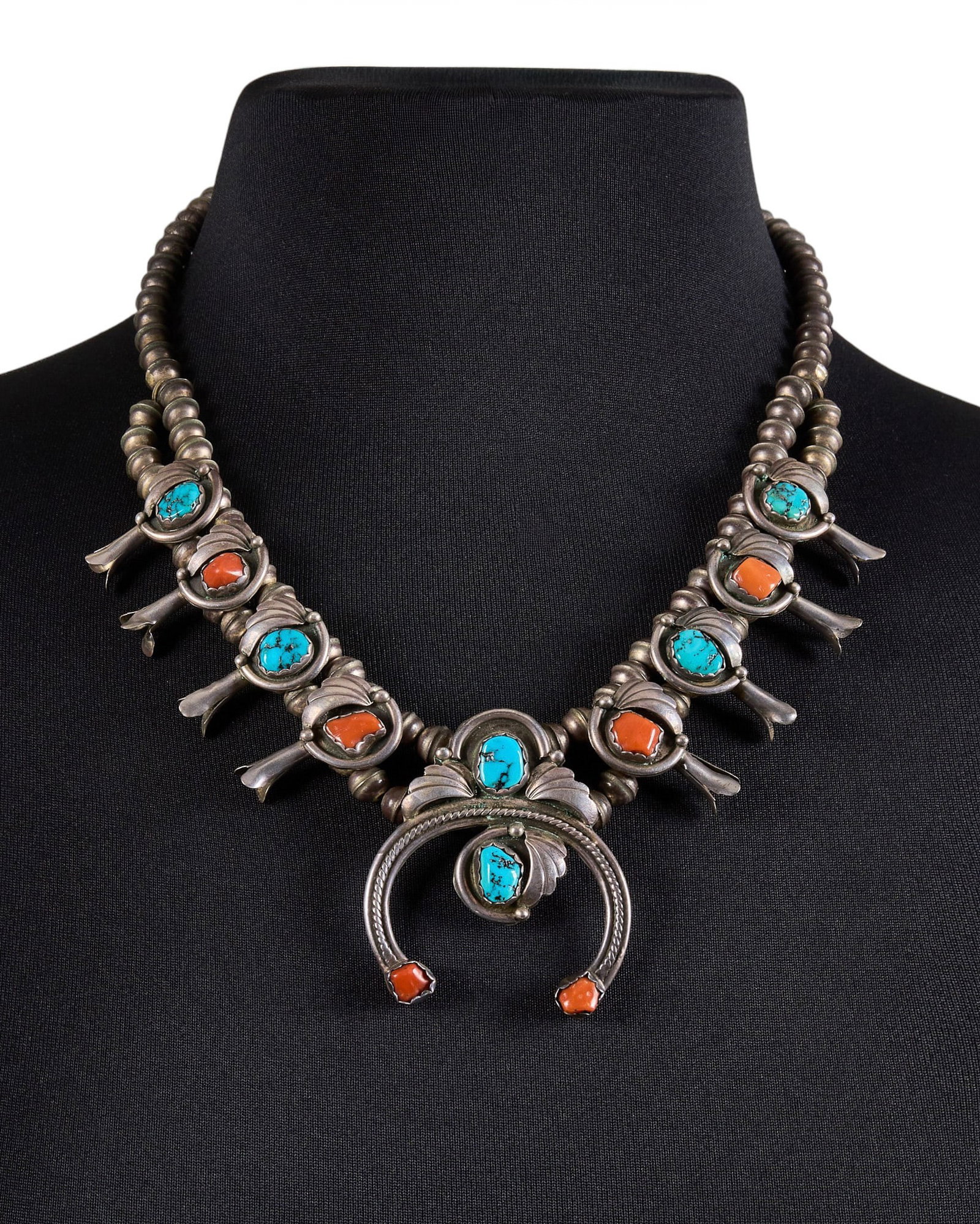 Sterling Silver Turquoise & Coral Squash Blossom (1 of 3)