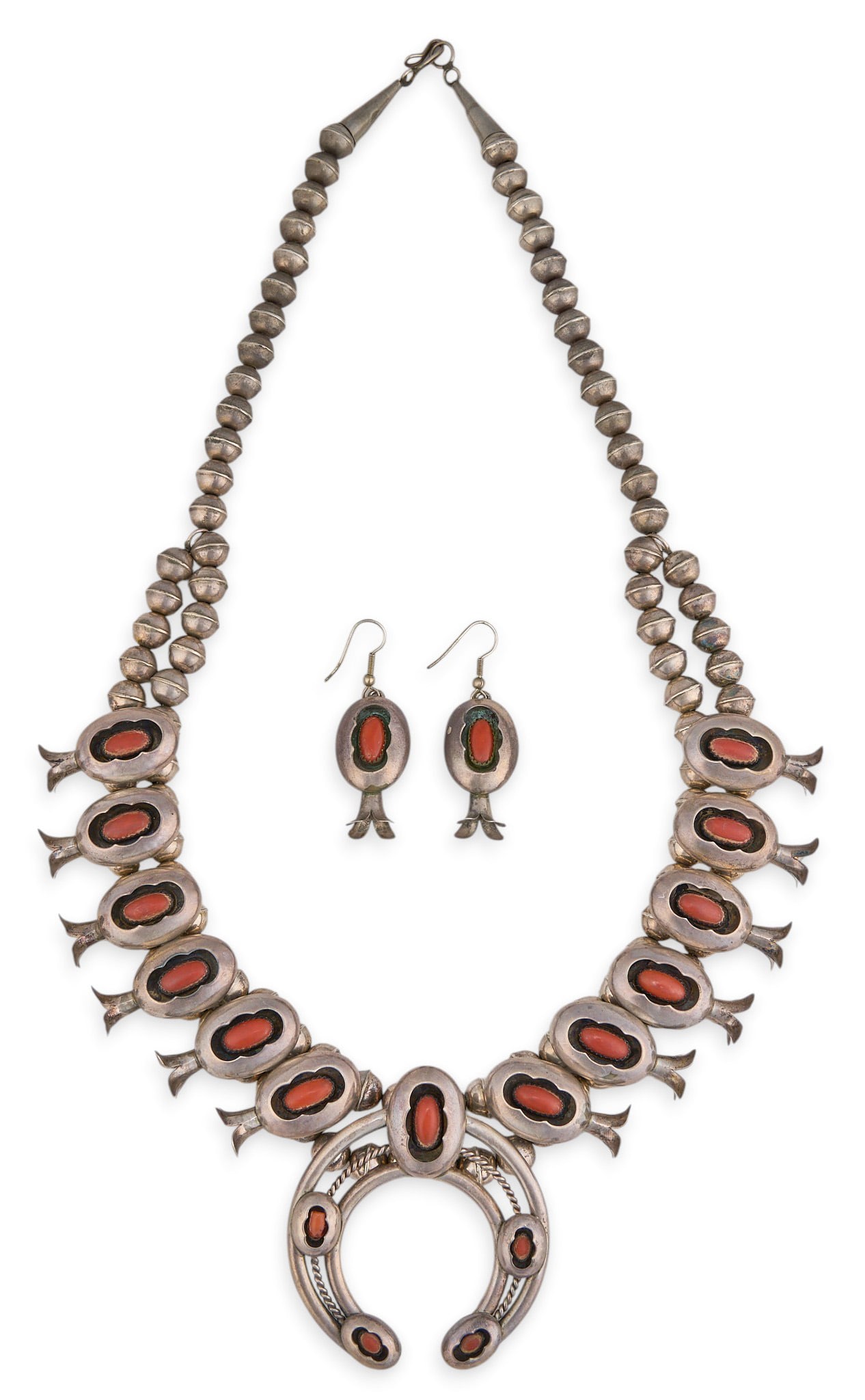 Raymond Begay, Navajo Coral Squash Blossom and Earrings Set (1 of 6)