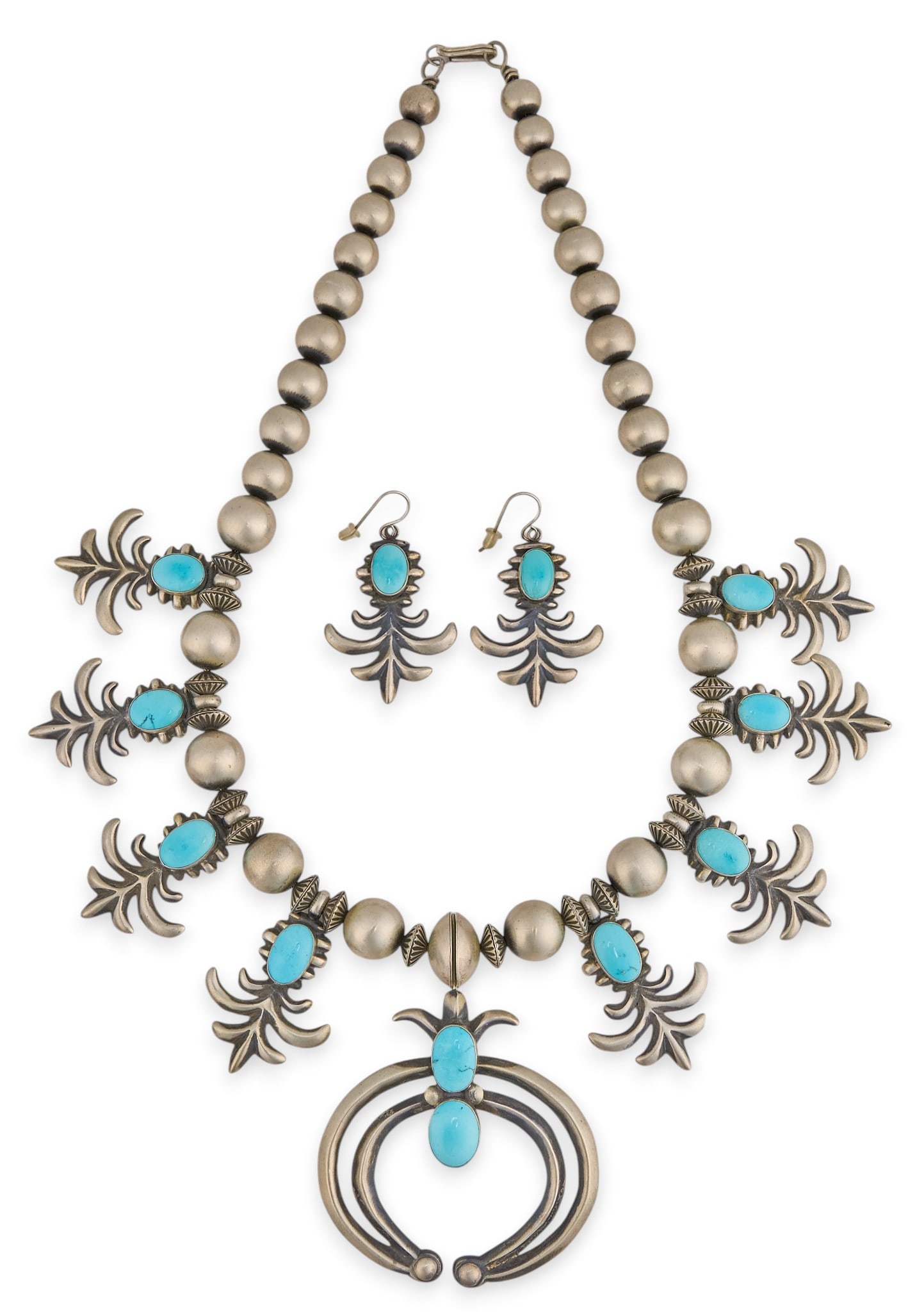 Wilson Begay, Sterling & Turquoise Necklace and Earrings: Wilson Begay, Navajo sterling silver necklace and pair of earrings, set with turquoise cabochons and large sterling silver beads, with hook and eye closure, marked Length: 24 in. Total weight: 26