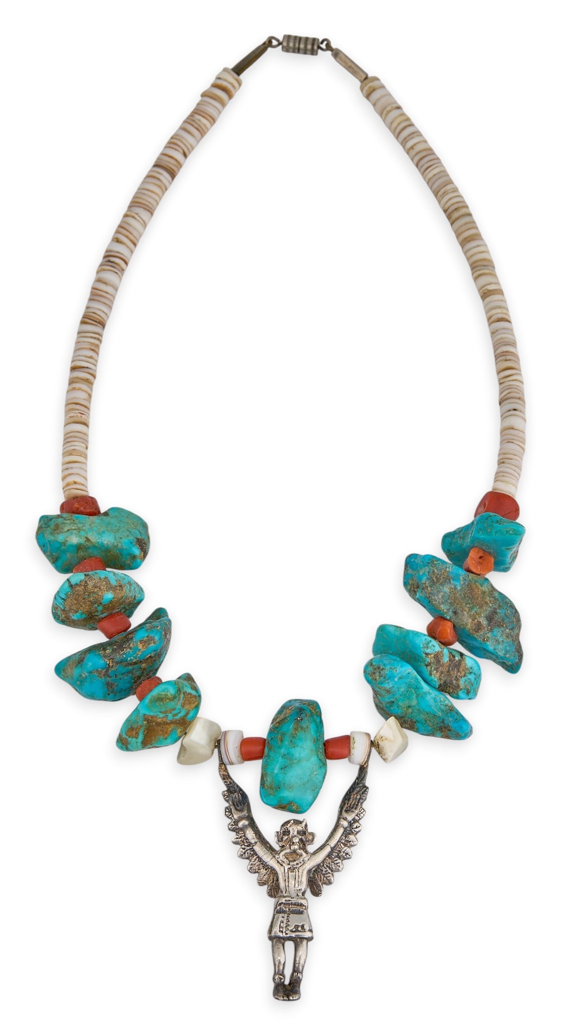 Southwestern Style Multi-Stone Beaded Necklace: Southwestern style beaded necklace, set with turquoise, shell, and coral, pendant featuring silver kachina figure motif Length: 16 in. Total weight: 195.0 g Provenance: Property from a home 