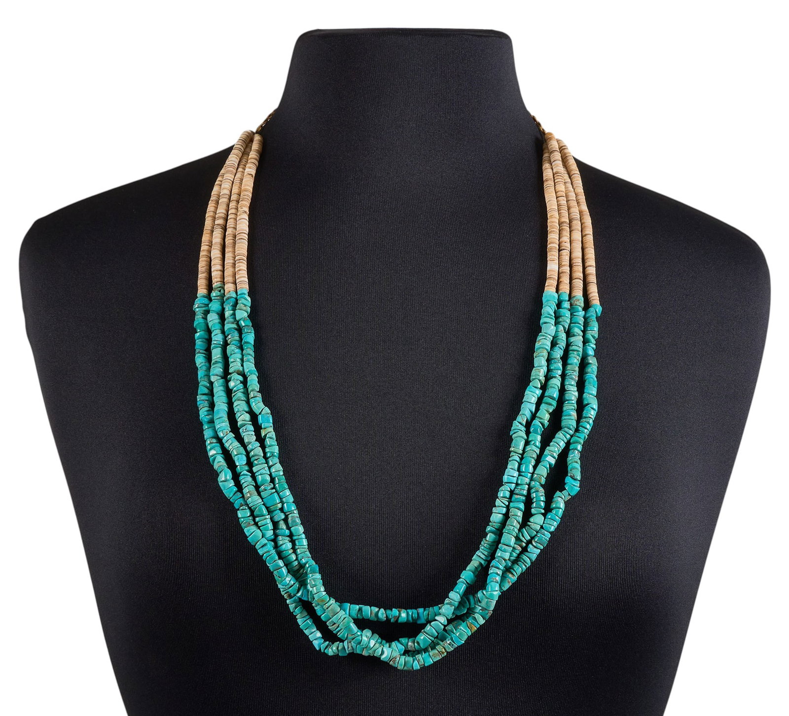Vintage Navajo Turquoise & Heishi Necklace: Vintage Navajo four-strand necklace, composed of turquoise and heishi beads, purchased from old Hubbell Trading Post, includes a Hubbell trade token Length: 33.5 in. / each Total weight: 126.8 g 