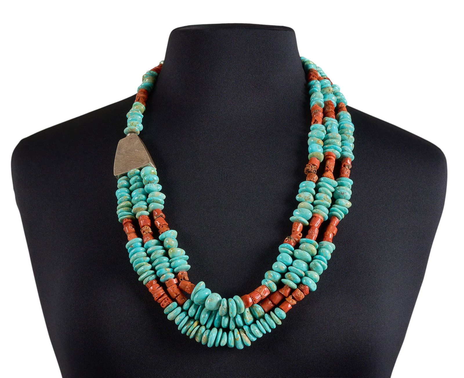 Alice Platero, Navajo Turquoise & Coral Beaded Necklace: Alice Platero, Navajo multi-strand beaded necklace, composed of beaded turquoise and coral, with sterling silver details, signed "AP Sterling" Length: 32 in. / longest Total weight: 243