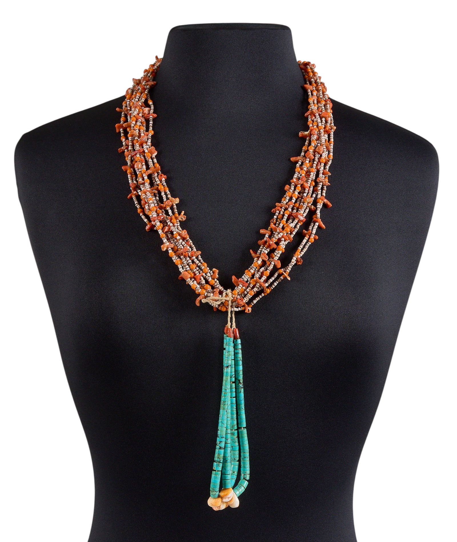 Santo Domingo Heishi & Coral Necklace: Santo Domingo heishi and coral multi-strand beaded necklace with turquoise jaclas, culturally significant nine-strand necklace Length: 40 in. / with jacla Total weight: 126.0 in. Provenance: