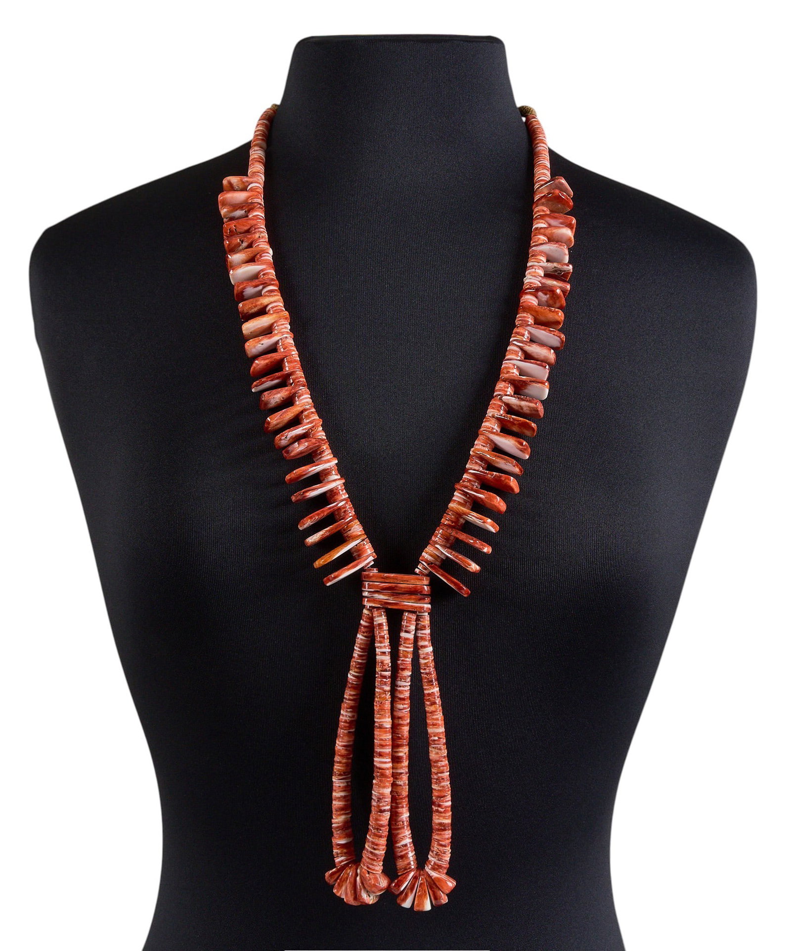 Native American Spiny Oyster Tab Necklace: Native American beaded spiny oyster tab necklace with two jaclas Length: 40 in. Total weight: 243.7 g Provenance: Property from an estate in Austin, Texas