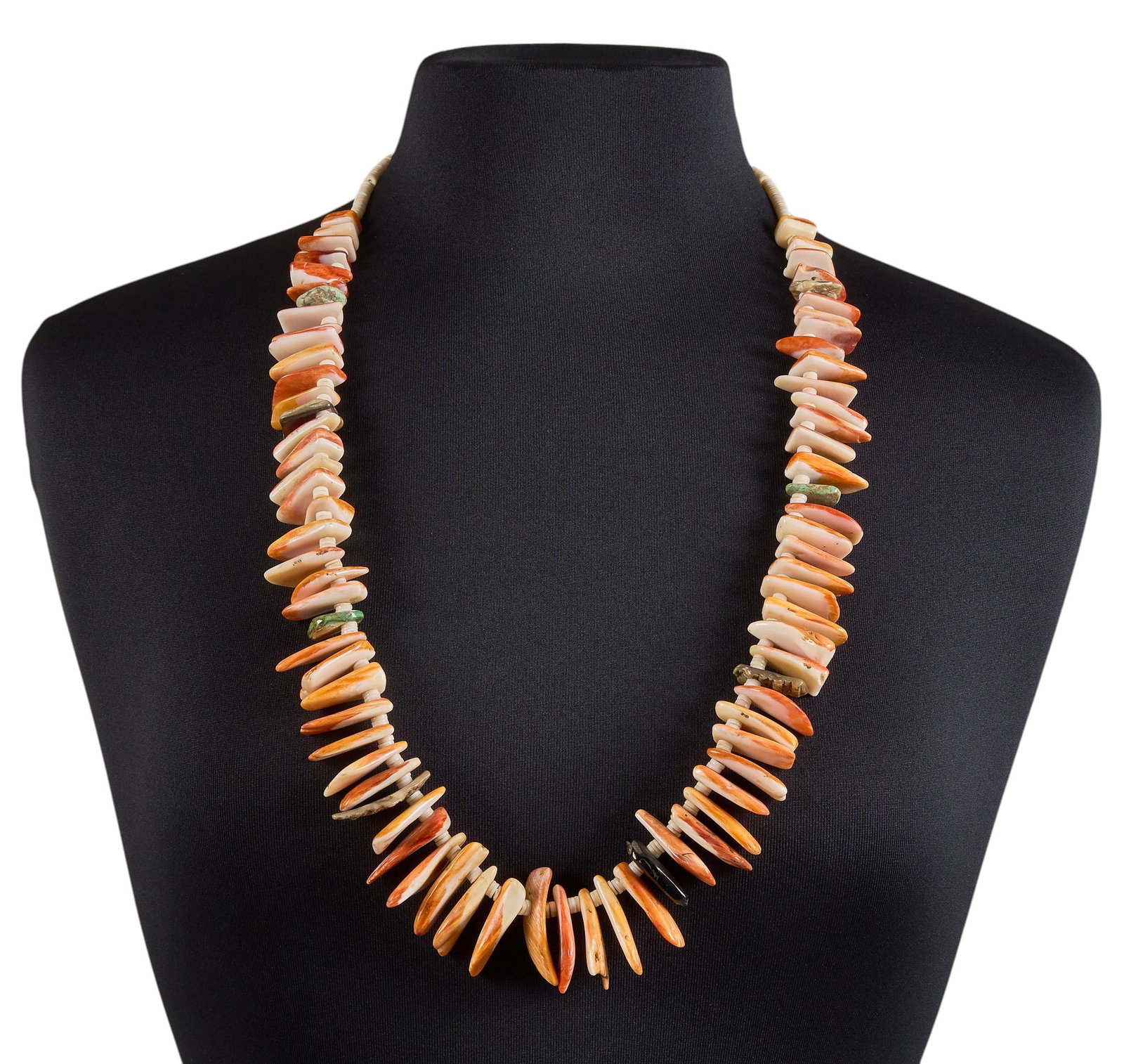Native American Spiny Oyster Tab Necklace: Native American spiny oyster beaded tab necklace, with hook end eye closure Length: 32 in. Total weight: 230.0 g Provenance: Property from an estate in Austin, Texas