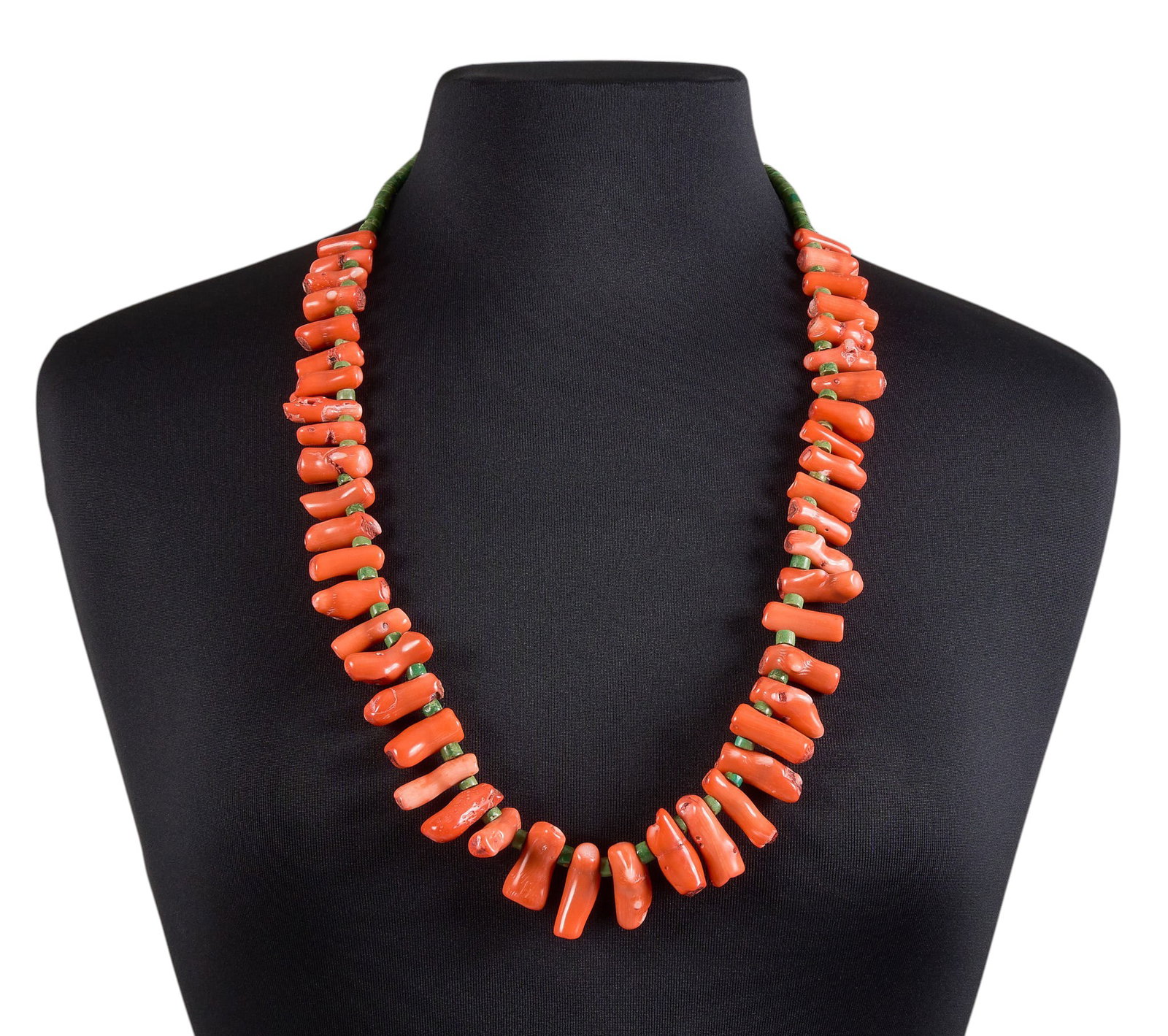 Kewa Turquoise & Coral Beaded Necklace: Kewa beaded necklace, with alternating coral and turquoise beads Length: 31 in. Total weight: 195.5 g Provenance: Property from a home in San Antonio, Texas