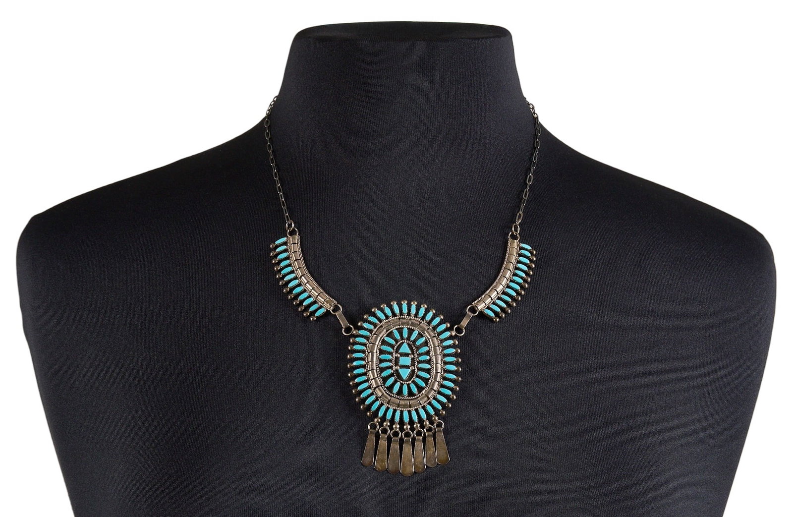 Evonne Hustito, Zuni Turquoise Petit Point Necklace: Evonne Hustito, Zuni sterling silver necklace, set with turquoise cabochons in petit point design, signed to reverse Length: 20 in. Total weight: 29.1 g Provenance: Property from an estate in Austin, 