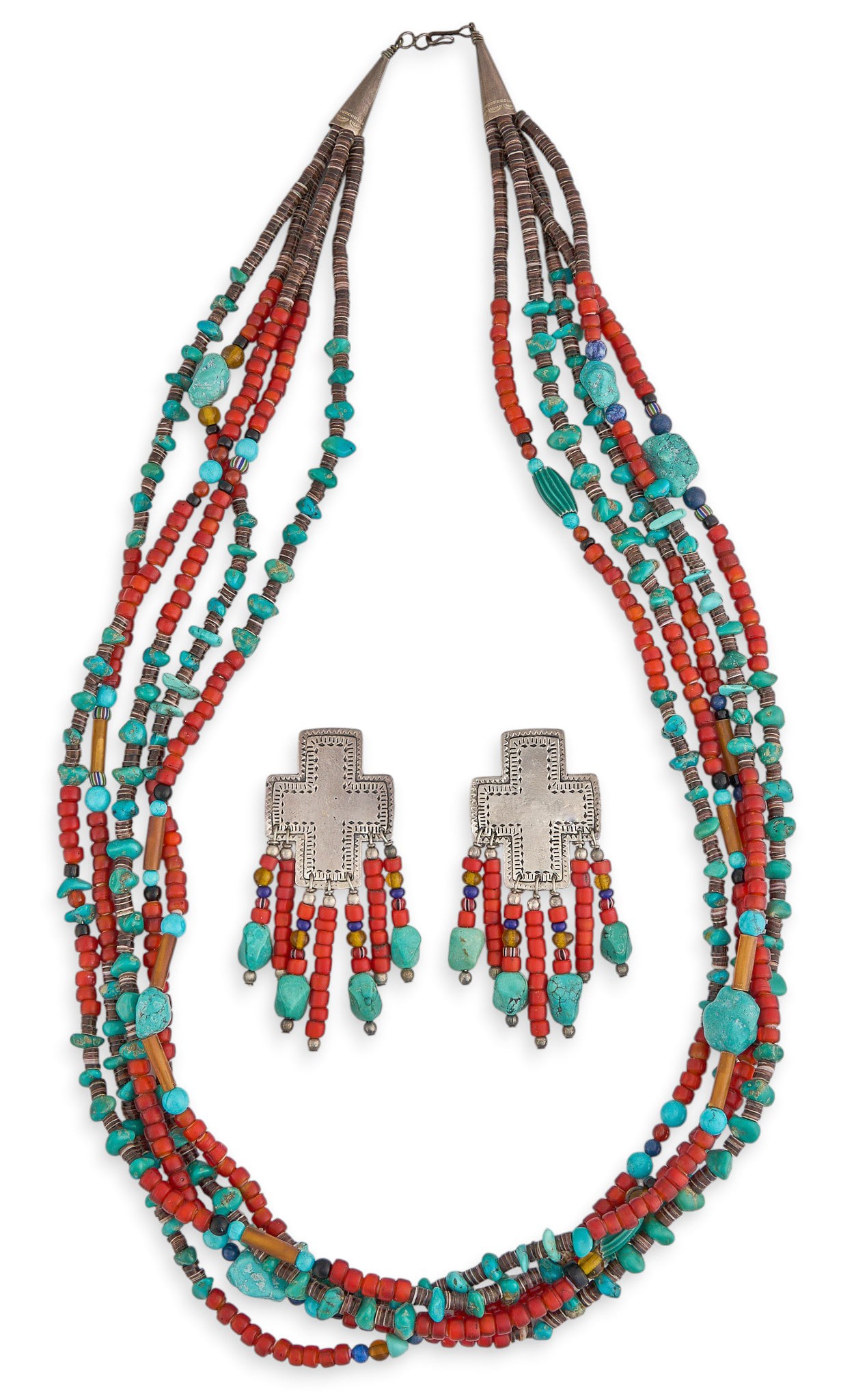 Southwestern Style Sterling & Multi-Stone Beaded Set: Southwestern style necklace and pair of clip-on earrings, with beaded turquoise, coral, and shell, earrings featuring sterling silver crosses with stamped details Length: 30 in. Total weight: 195.0 g