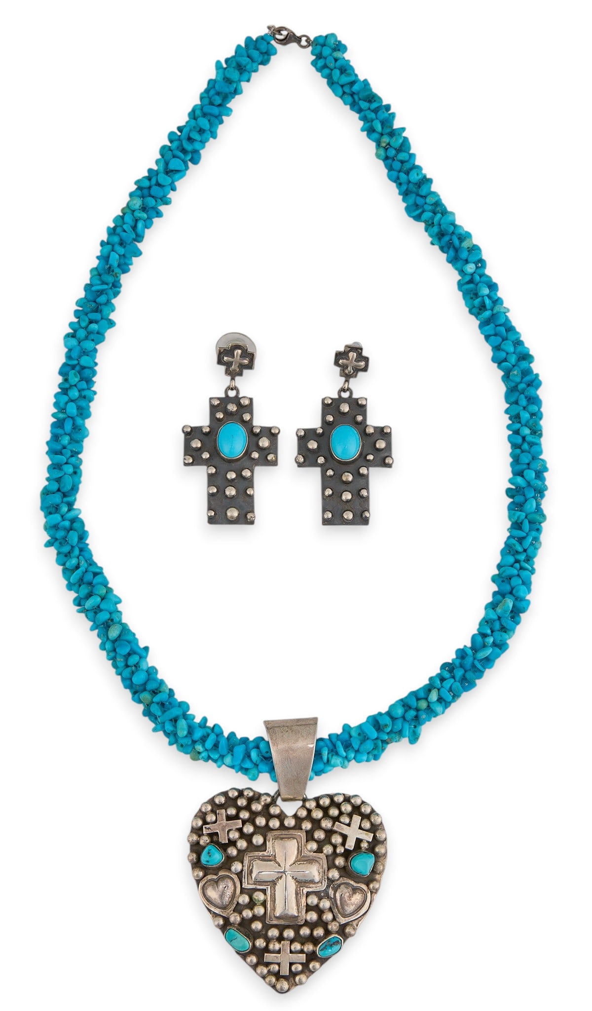 Ronnie Willie, Navajo Turquoise Necklace and Earrings: Ronnie Willie, Navajo necklace and pair of earrings, necklace set with beaded Sleeping Beauty turquoise, and sterling silver heart pendant with cross motif, set with additional turquoise, and pair of 