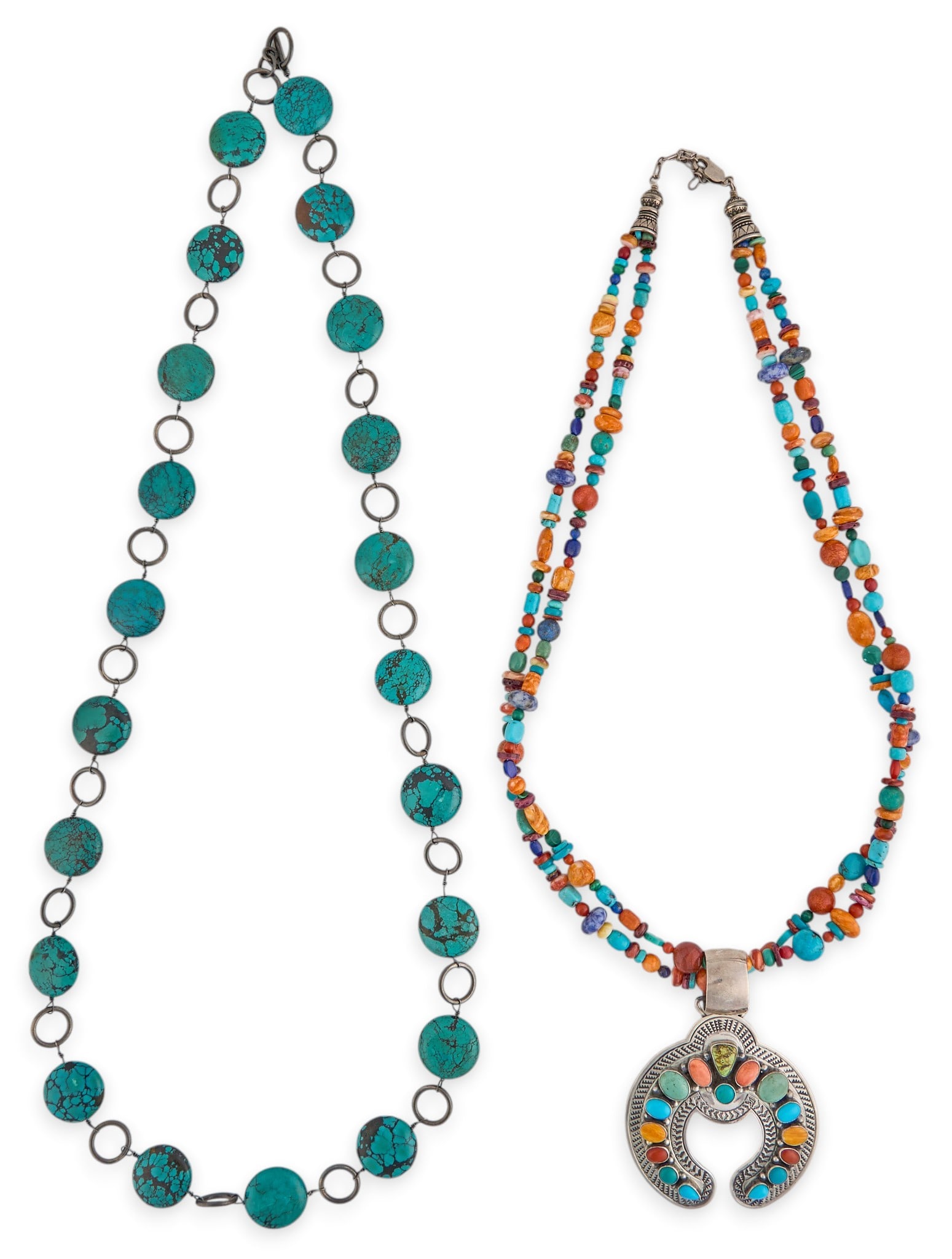 (2) Southwestern Beaded Necklaces: Two Southwestern beaded necklaces, one composed of flat turquoise beads, and one multi-strand beaded necklace with sterling silver pendant set with multi-stone cabochons, signed "R BRD Sterl