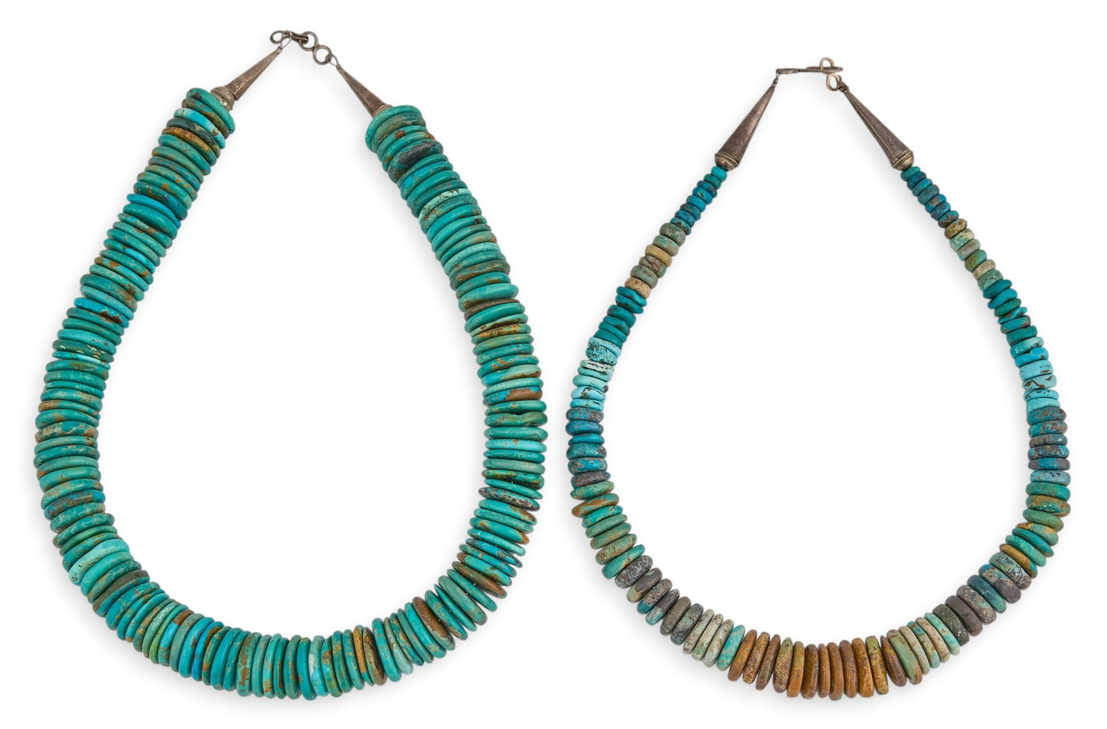(2) Flat-Beaded Turquoise Necklaces: Two flat-beaded turquoise necklace, each with hook and eye closure Length: 19 in. / each Total weight: 316.1 g Provenance: Property from a home in San Antonio, Texas