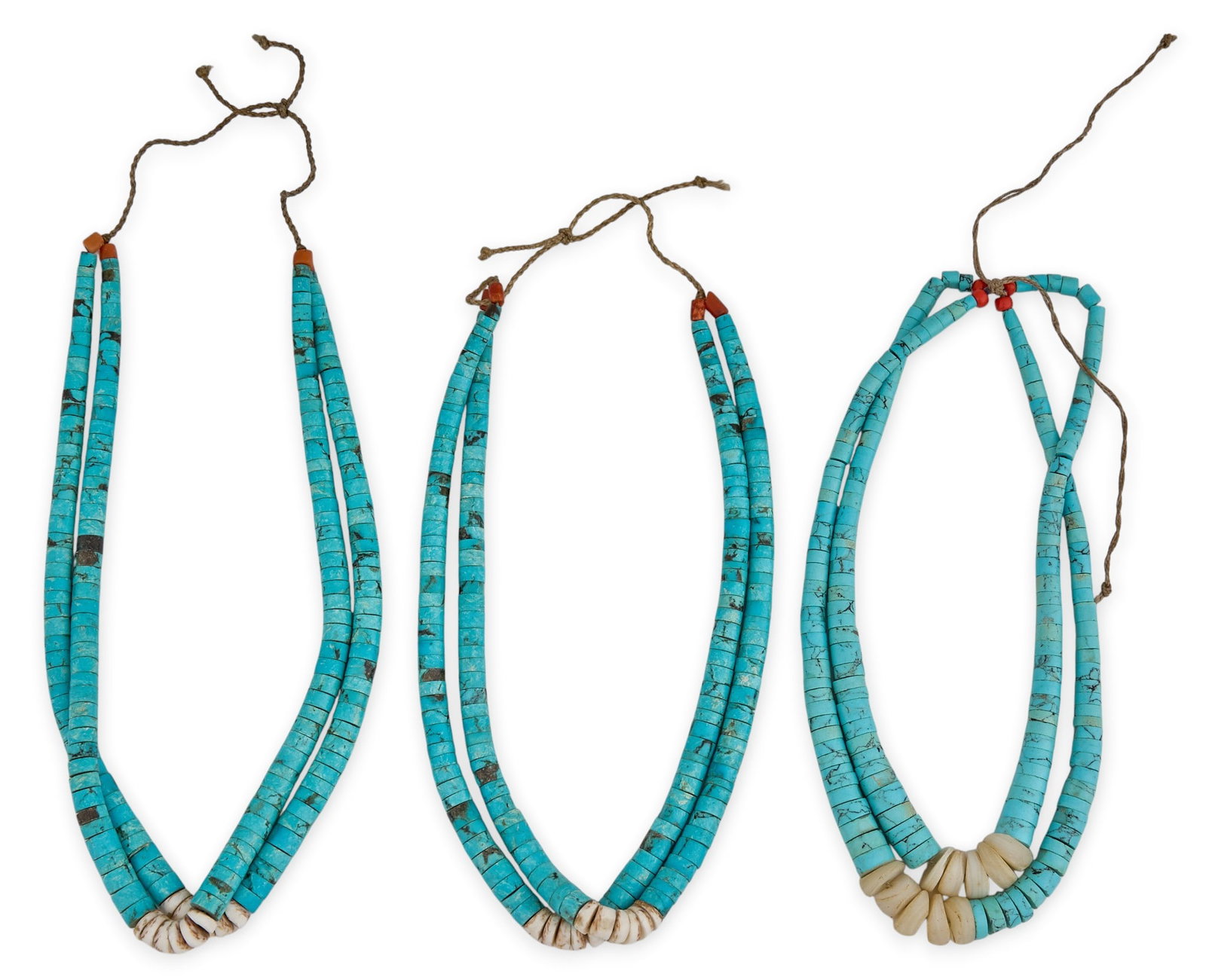 (3) Pairs of Vintage Santo Domingo Jaclas: Three pairs of vintage Santo Domingo jaclas, composed of turquoise, coral, and shell beads Length: 8 in. / longest Total weight: 95.4 g Provenance: Property from an estate in Austin, Texas