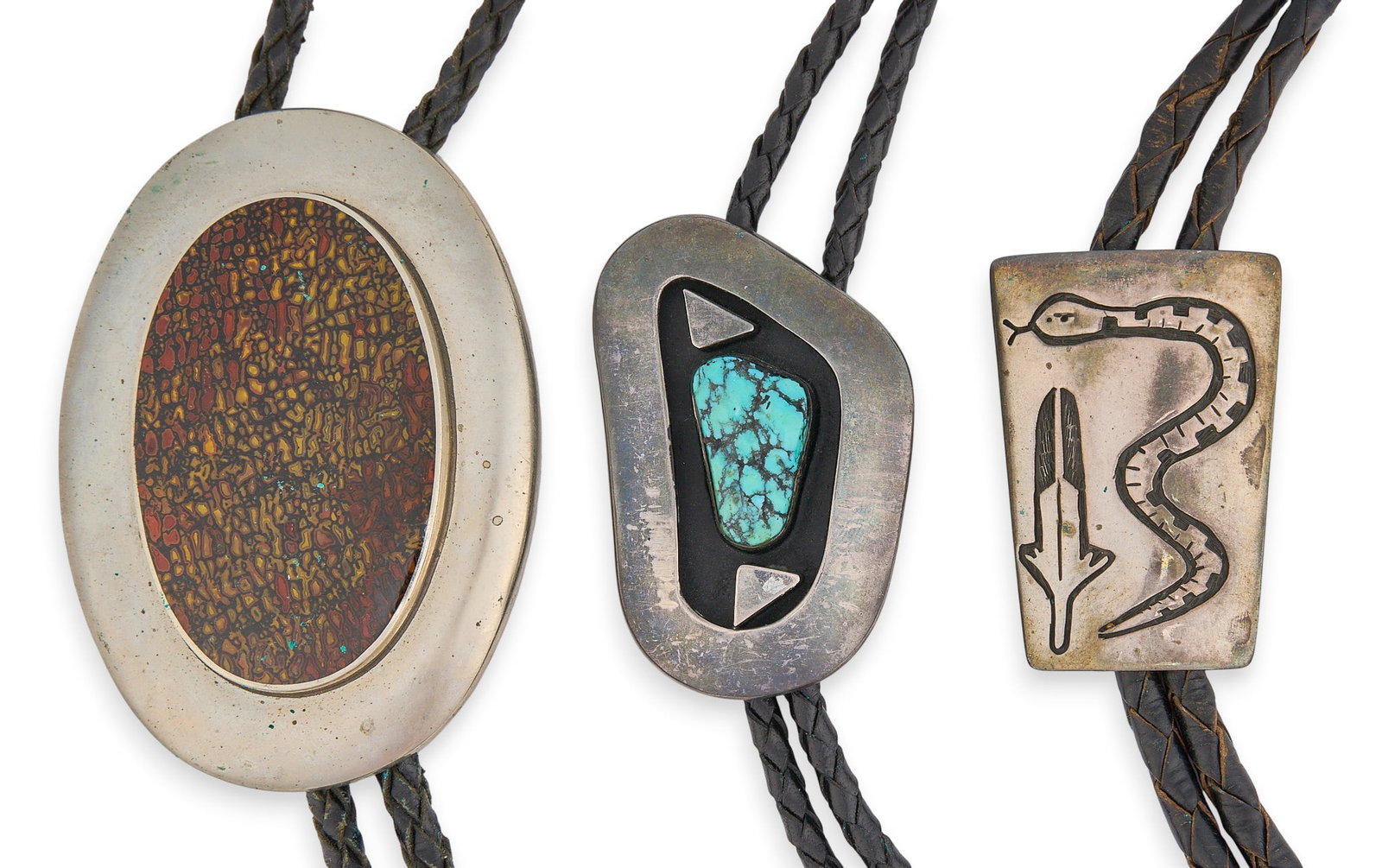 (3) Southwestern Bolos: Three Southwestern sterling silver bolo ties, set with stone details, featuring snake and feather motifs, on braided black leather cords, one stamped with hallmark Length: 40 in. / longest Total weigh