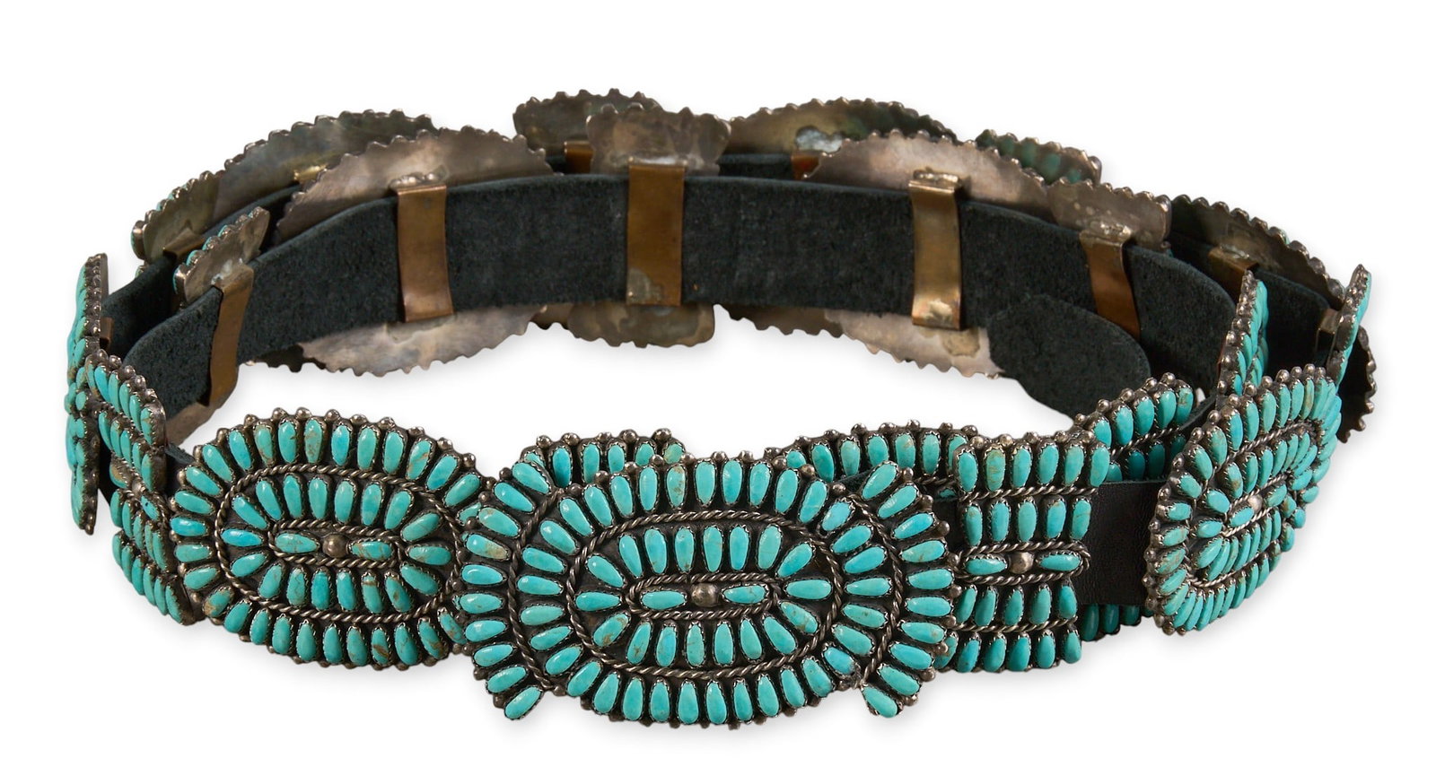 Navajo Sterling & Turquoise Concho Belt: Phillip and Virginia Byjoe, Navajo sterling silver concho belt with twenty-one conchos and buckle set with turquoise cabochons in cluster design, on black leather belt, signed "PBV Sterling&