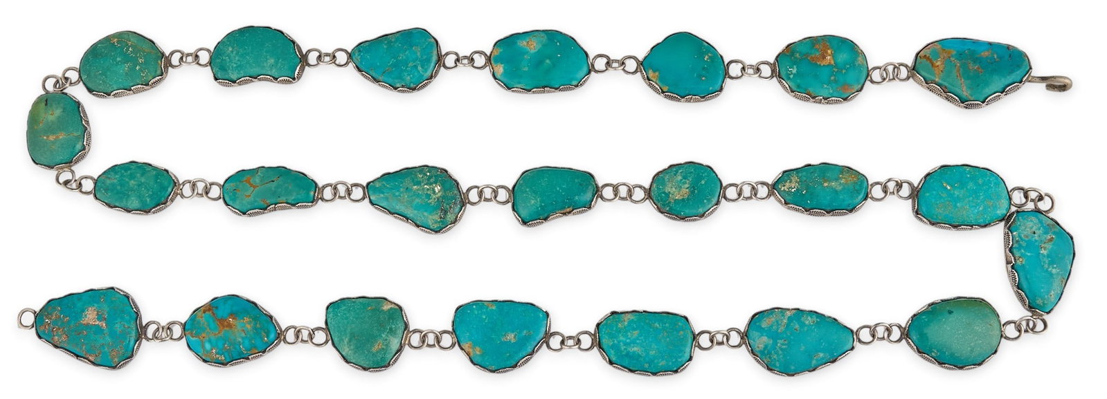 Sterling Silver & Turquoise Concho Belt: Sterling silver concho belt, set with turquoise stones in stamped bezel settings, signed "RD" Length: 42 in. Total weight: 237.4 g Provenance: Property form a home in San Antonio, Texas