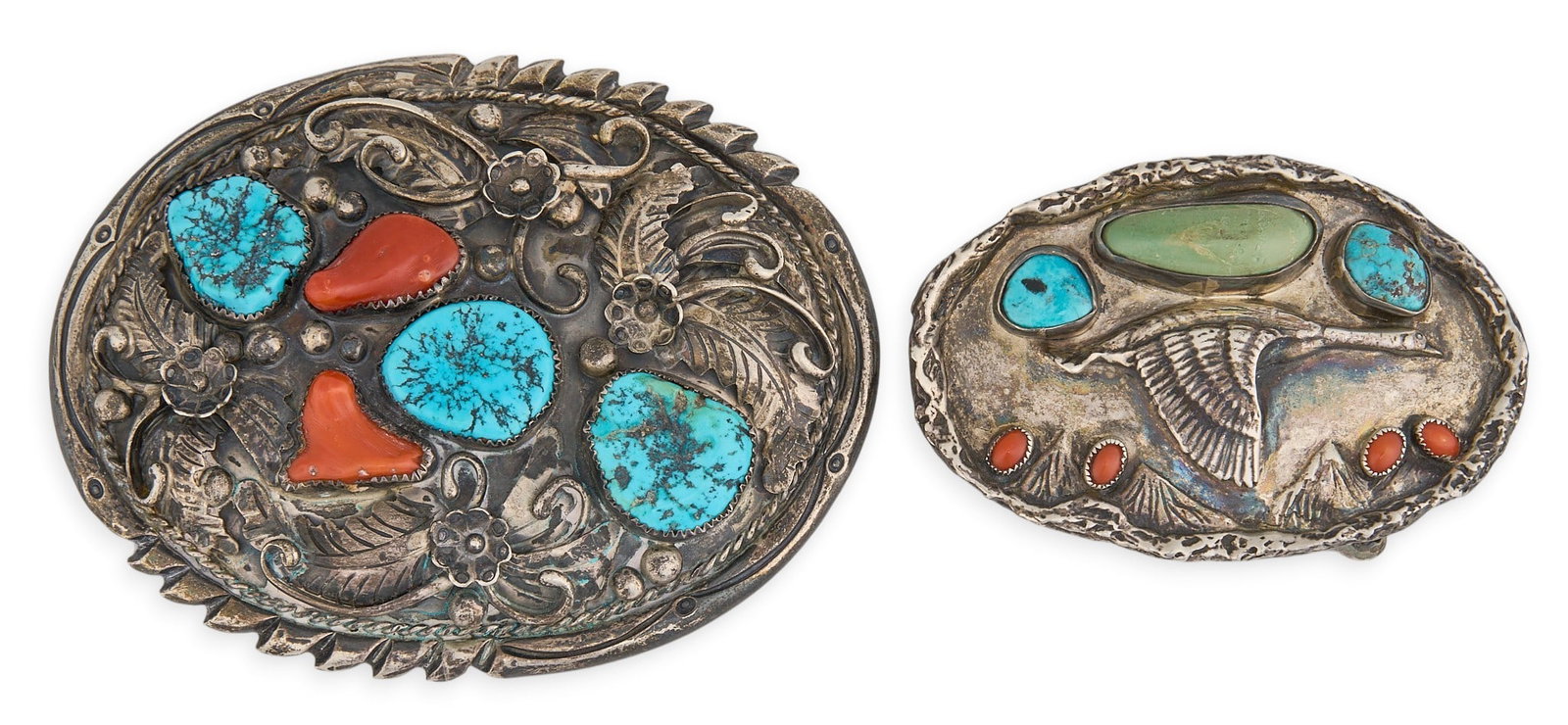 (2) Navajo Sterling Silver Turquoise & Coral Buckles (1 of 3)