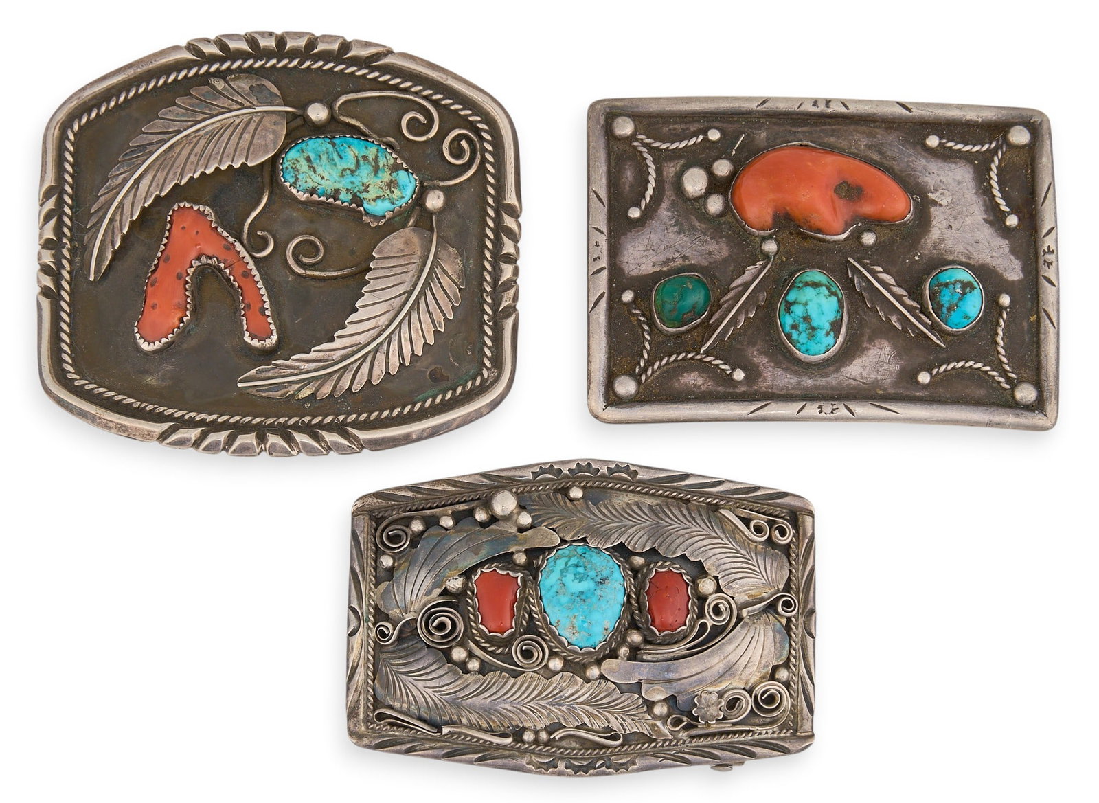 (3) Sterling Silver Turquoise & Coral Buckles (1 of 4)