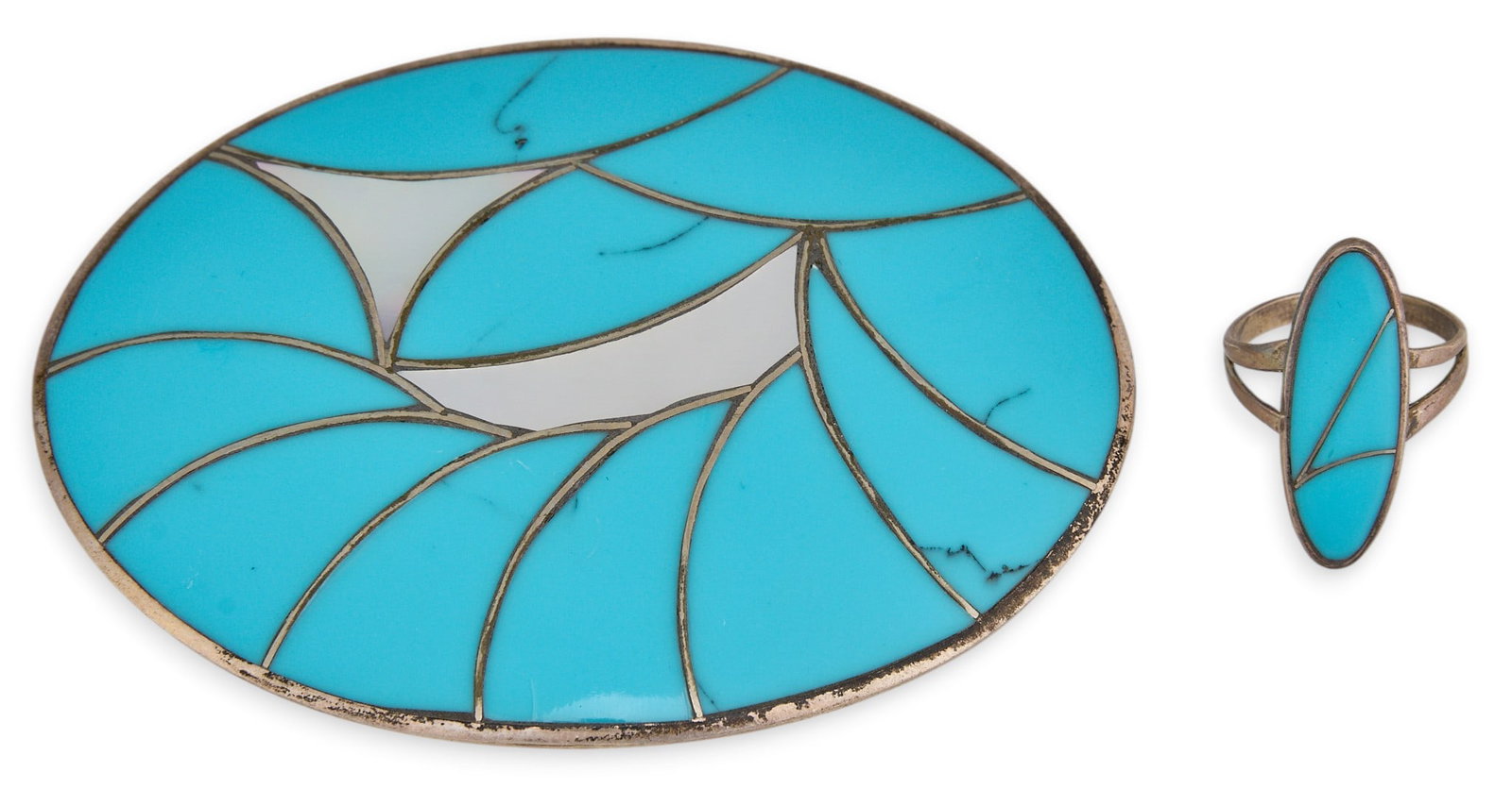 Norman Lee, Navajo Sterling & Turquoise Buckle and Ring Set: Norman Lee, Navajo sterling silver buckle and ring set, featuring turquoise and mother of pearl fish scale inlay, both marked "N. Lee" Buckle: 3.5 in. x 2.5 in. Ring size: 7.5 Tota