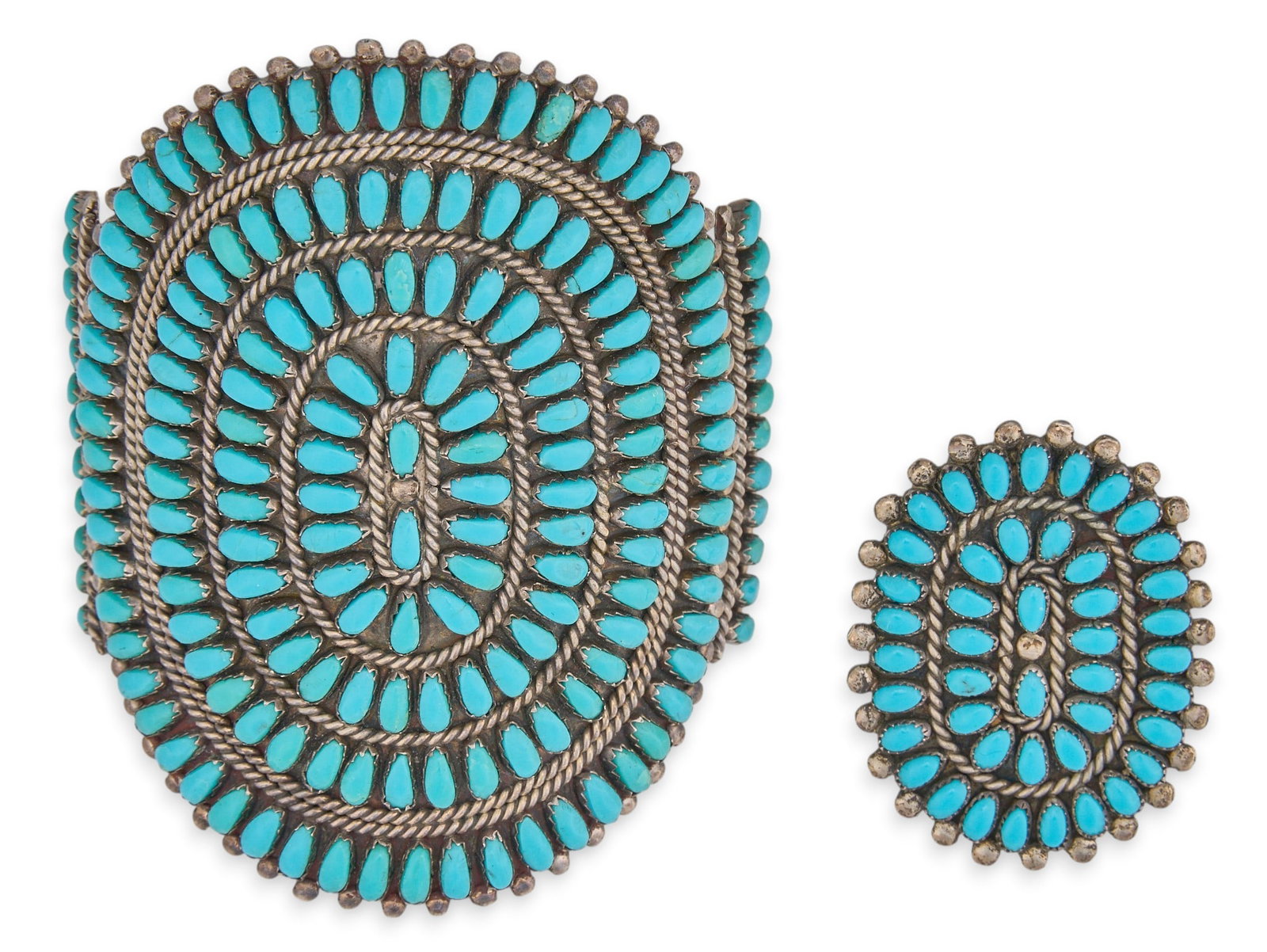 P&V Byjoe, Navajo Sterling & Turquoise Cluster Cuff and Ring: Phillip and Virginia Byjoe, Navajo sterling silver cuff bracelet and ring set, each set with turquoise cabochons in cluster design, accented by twisted rope motifs, both signed "P&V BYJOE&quo