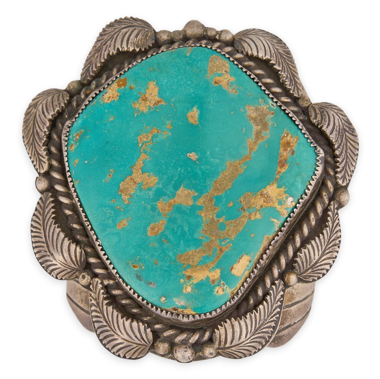 Substantial Sterling & Green Stone Cuff: Substantial sterling silver cuff bracelet, set with single large green stone, with twisted rope and feather motifs, signed "Lynda D" Circumference: 6 in. Total weight: 222.9 g Provenance: Pr