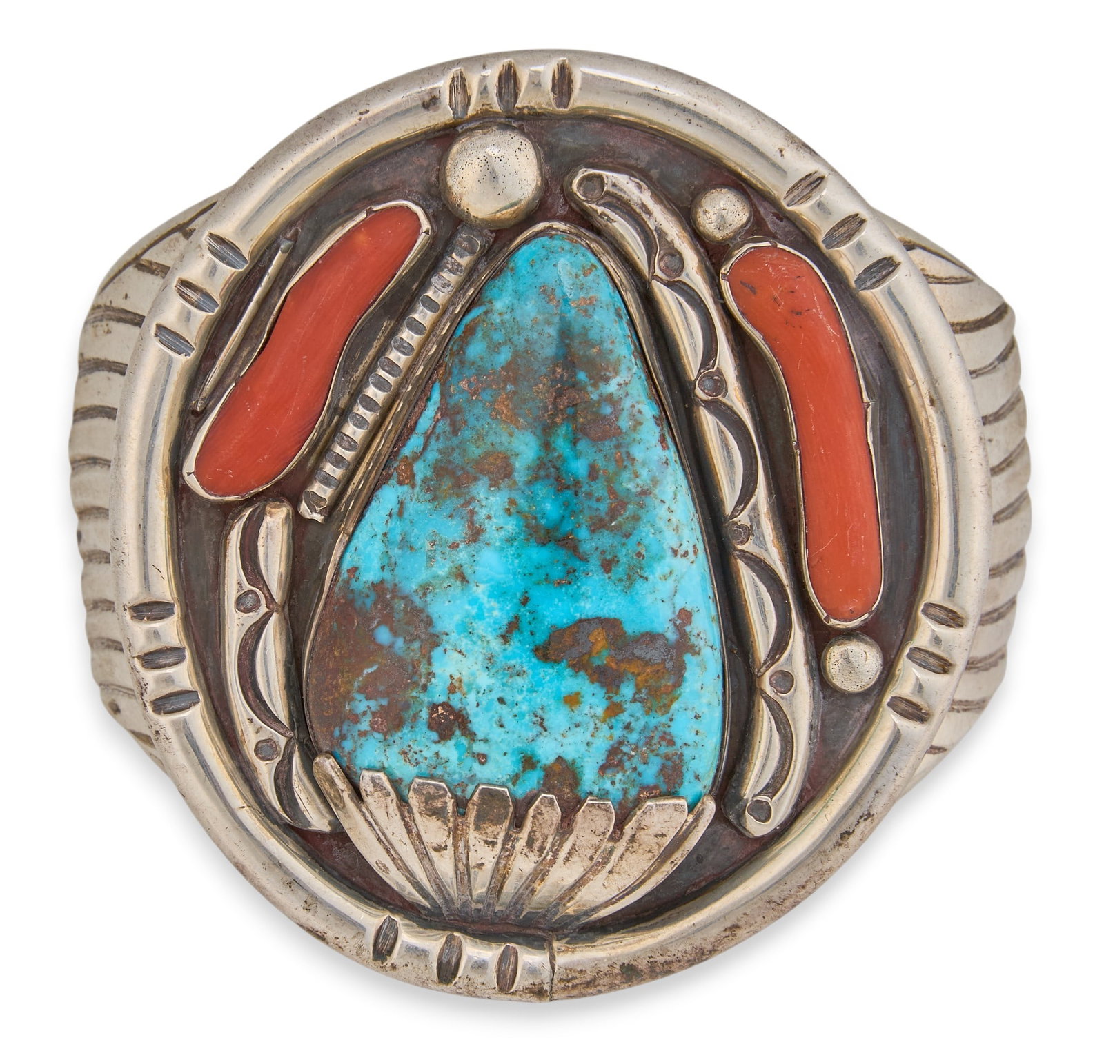 Sterling Silver Turquoise & Coral Cuff: Sterling silver cuff bracelet, set with large turquoise stone and smaller coral details, stamped throughout Circumference: 7 in. Total weight: 126.1 g Provenance: Property from a home in San Anto