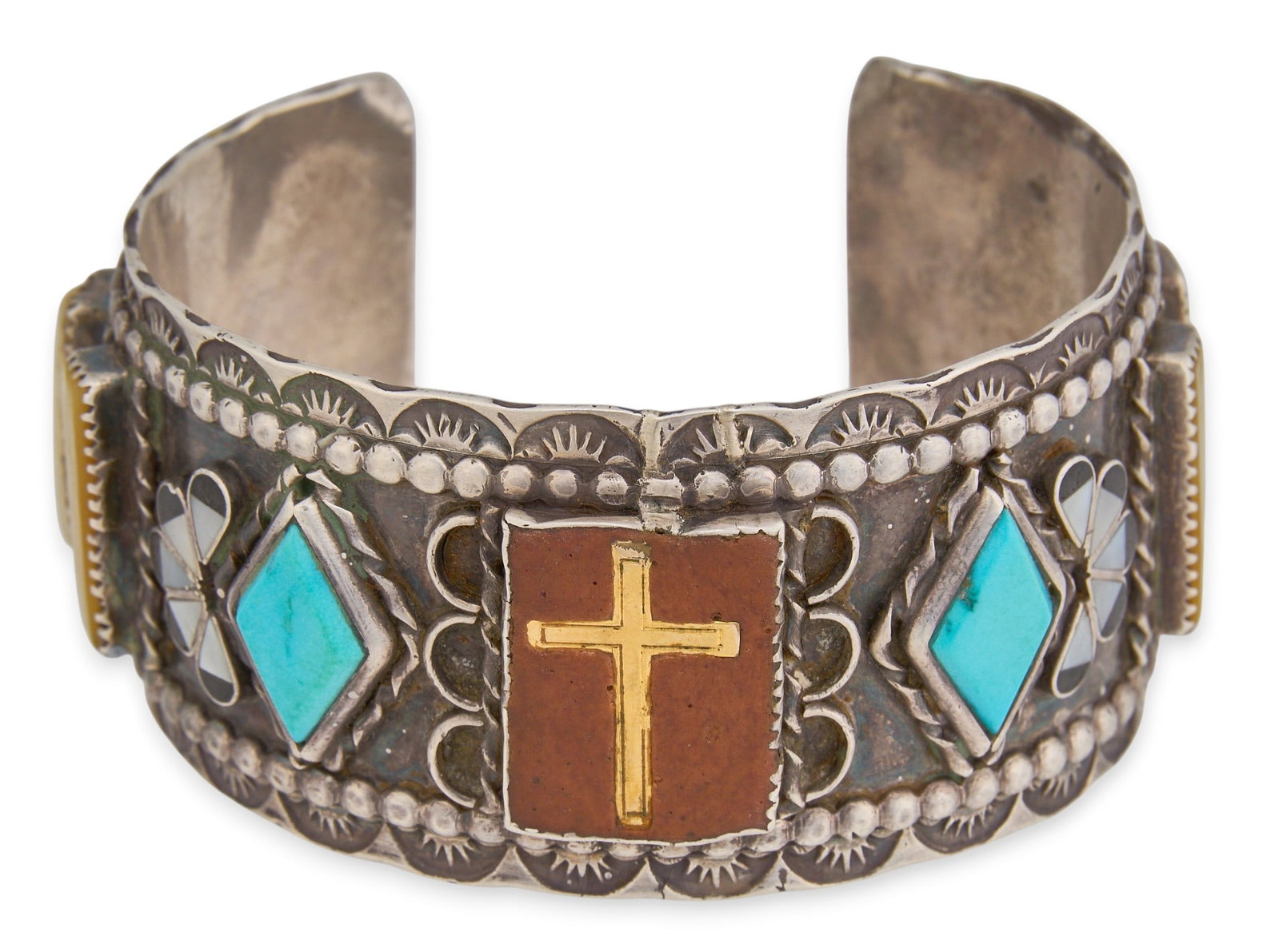 D&V Dewa, Zuni Sterling & Multi-Stone Cuff: Don and Velma Dewa, Zuni sterling silver cuff bracelet, set with multi-stone inlay and cross motif, with twisted wire motifs and stamped details, marked "D&V Dewa Sterling"
