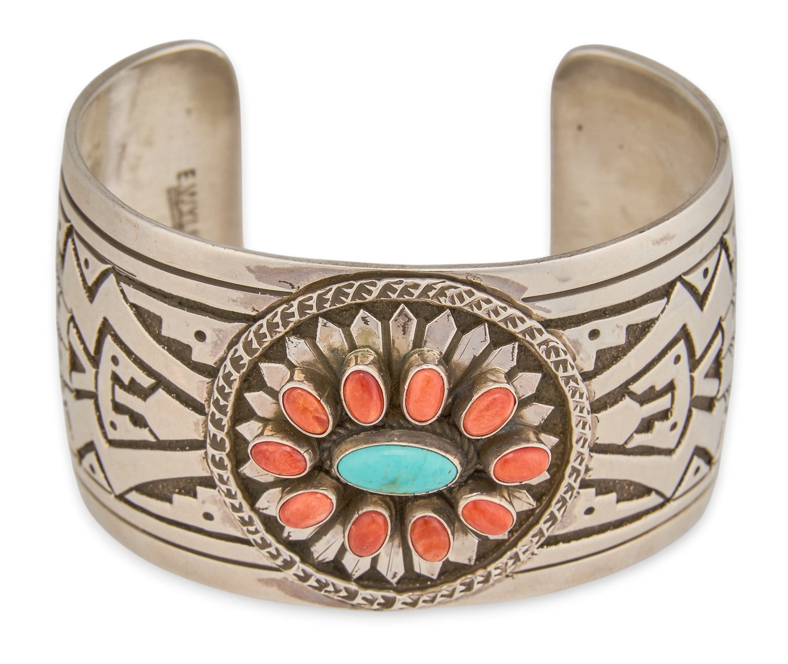 E. Wylie, Navajo Sterling Silver Turquoise & Coral Cuff (1 of 6)