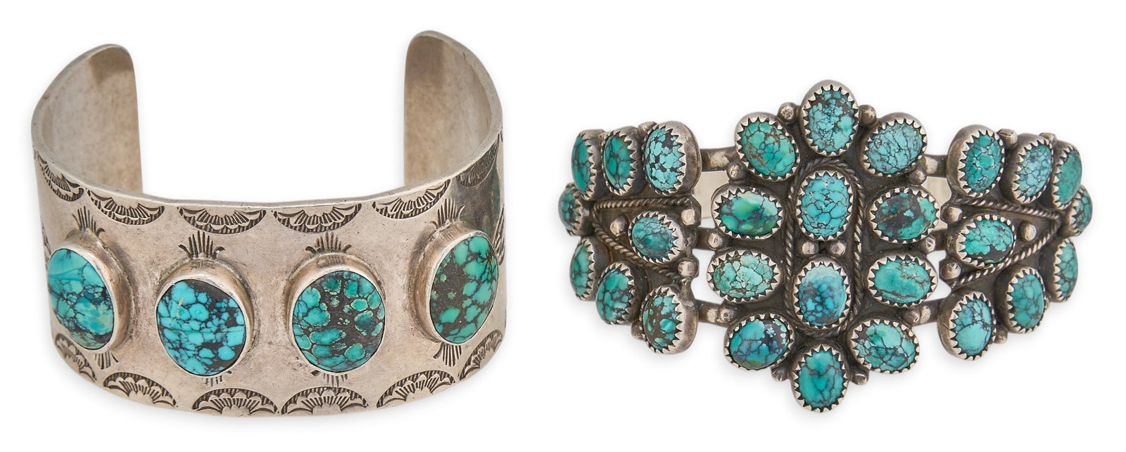 (2) Sterling Silver & Turquoise Cluster Cuffs: Two sterling silver cuff bracelets, each set with turquoise cabochons in cluster designs, with stamped details, one cuff signed "M. Fowler" Circumference: 6.75 in. / largest Total weigh