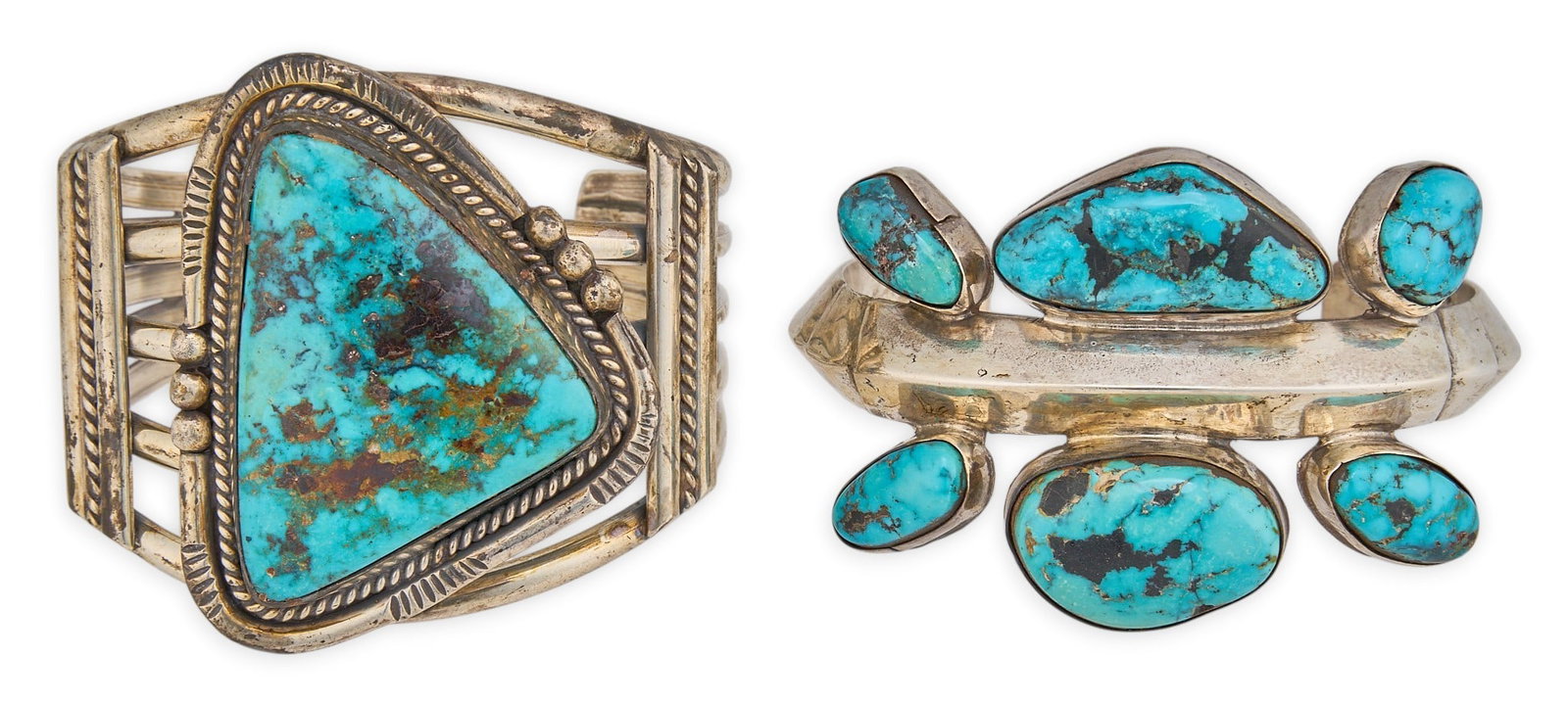 (2) Sterling Silver & Turquoise Cuffs: Two sterling silver cuff bracelets, each set with turquoise stones, one cuff featuring twisted rope motifs and stamped details Circumference: 6.75 in. / each Total weight: 179.3 g Provenanc
