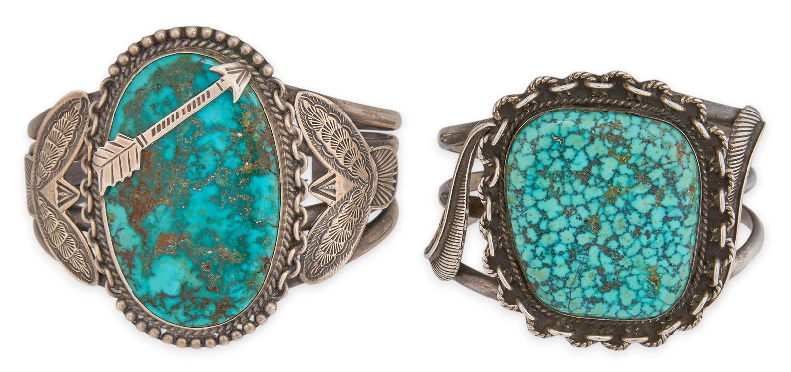 (2) Sterling Silver & Turquoise Cuffs: Two sterling silver cuff bracelets, one cuff set with spider web turquoise, both featuring twisted wire and feather motifs, with stamped details throughout Circumference: 7 in. / largest Total we
