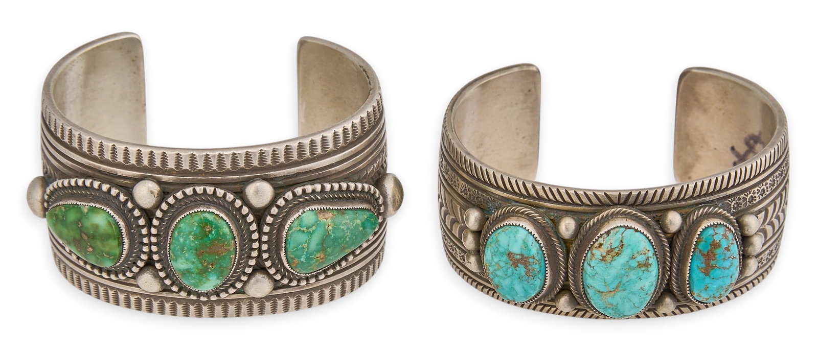Calvin Martinez, (2) Sterling & Turquoise Cuffs: Calvin Martinez, two Navajo sterling silver cuff bracelets, each set with three turquoise stones, accented by twited rope and stamped details, each signed "Sterling C. MTZ Navajo"