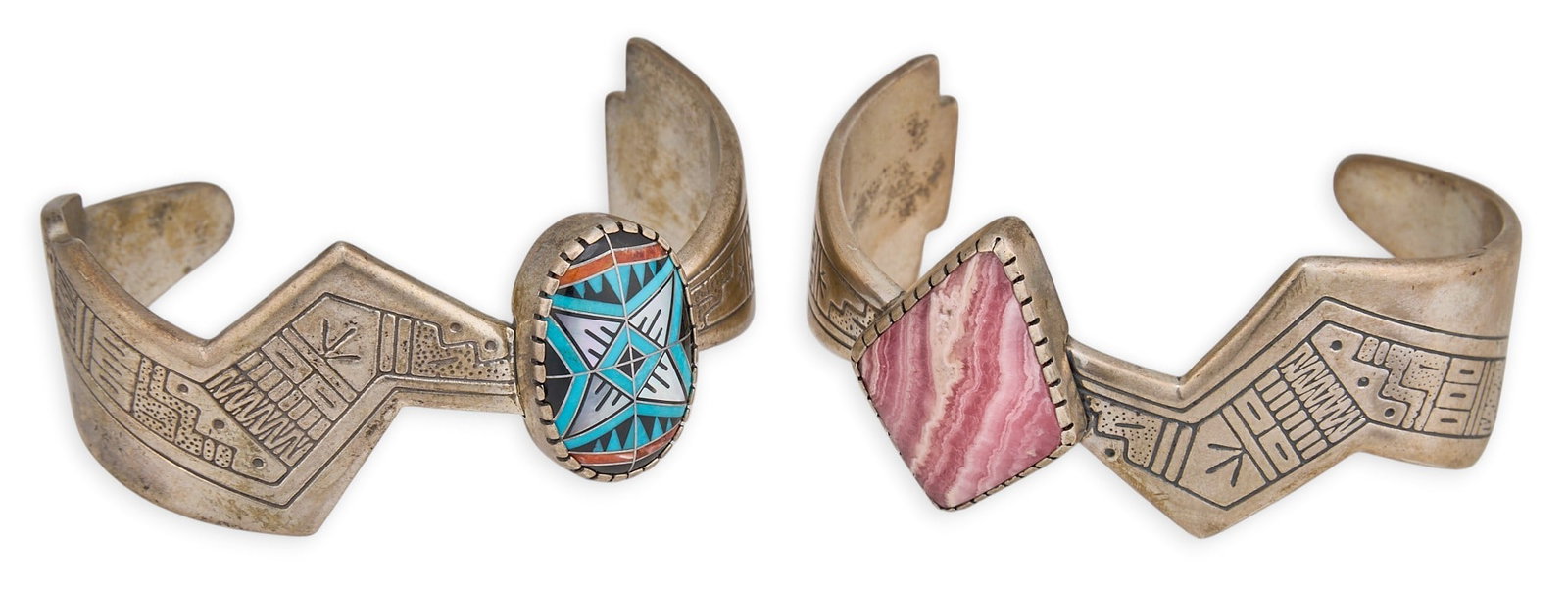 (2) R&M Tenorio, Santo Domingo Cuffs: Roderick and Marilyn Tenorio, two Santo Domingo sterling silver cuff bracelets, set with multi-stone inlay and stamped details, both marked "RMT Sterling .925" Circumference: 6.5 in. /