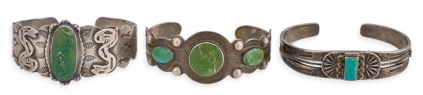 (3) Harvey-Era Multi-Stone Cuffs: Three Harvey-era cuff bracelets, set with multi-stone cabochons and stamped details, one marked "Coin Silver" Circumference: 6.75 in. / largest Total weight: 84.0 g Provenance: