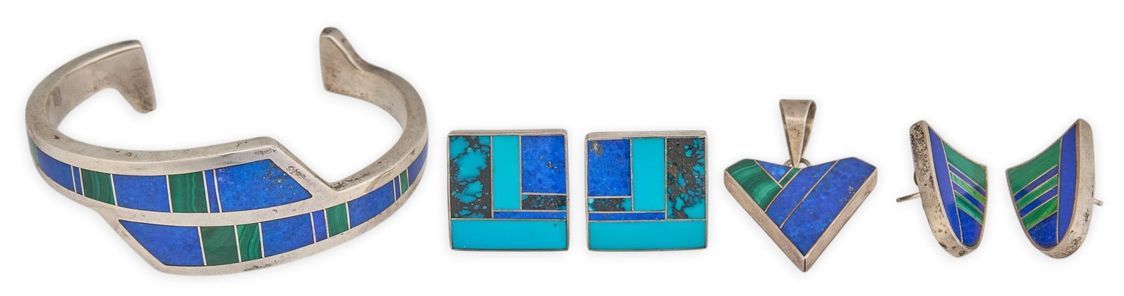 Ray Tracey & Knifewing Segura Jewelry Suite: Ray Tracey and Knifewing Segura, Navajo sterling silver jewelry suite to include a pendant, pair of earrings, cuff, and pair of cufflinks, each set with multi-stone inlay featuring lapis, turquoise,