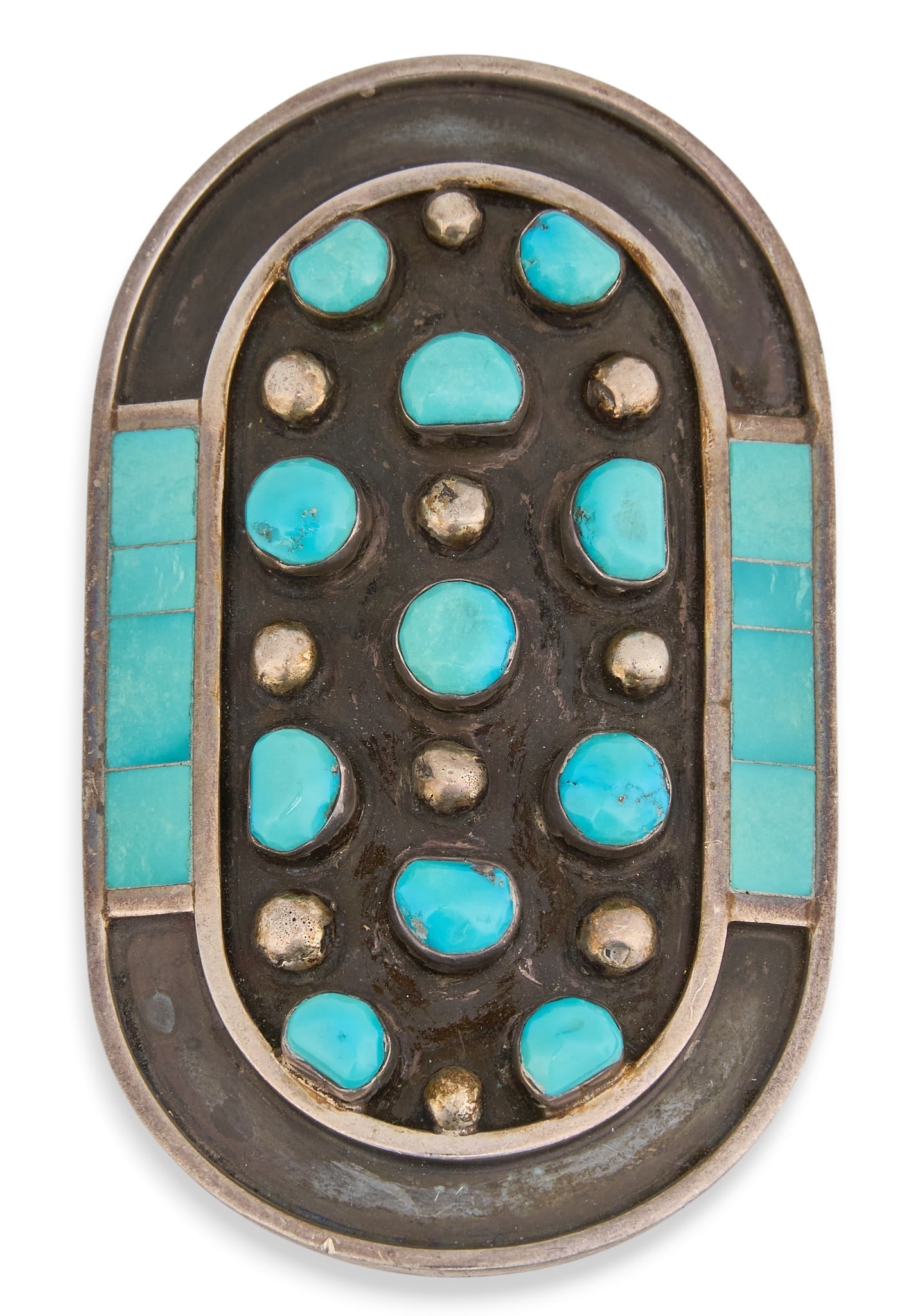 Jobeth Mayes, Zuni Sterling & Turquoise Brooch: Jobeth Mayes, substantial Zuni sterling silver brooch and pendant, set with turquoise cabochons and inlay, signed to reverse Size: 3 in. x 1.75 in. Total weight: 30.8 g Provenance: Property from a