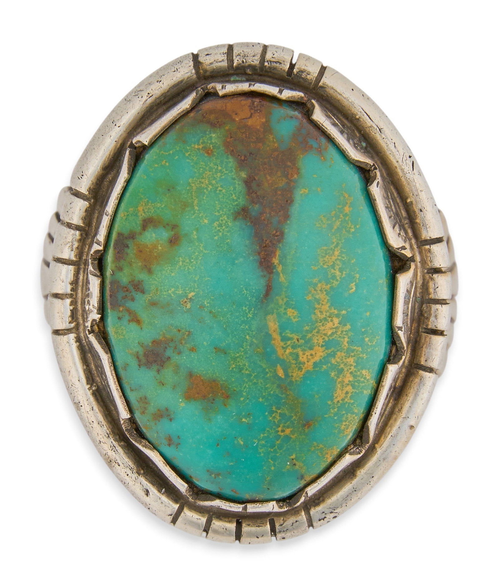 Navajo Sterling & Turquoise Men's Ring: Navajo sterling silver men's ring, set with single turquoise cabochon, stamped with hallmark "R" and marked "Sterling" Size: 11 Total weight: 17.4 g Provenance: Property from a