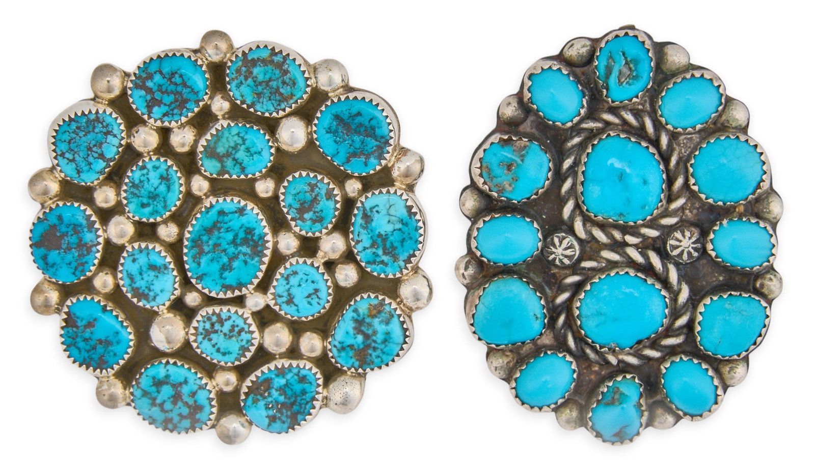 (2) Sterling & Turquoise Cluster Rings: Two sterling silver rings, each set with turquoise stones in cluster design, with twisted rope motifs and stamped details, marked "LS" and "M. Begay Sterling" Size: 8 / each Total 