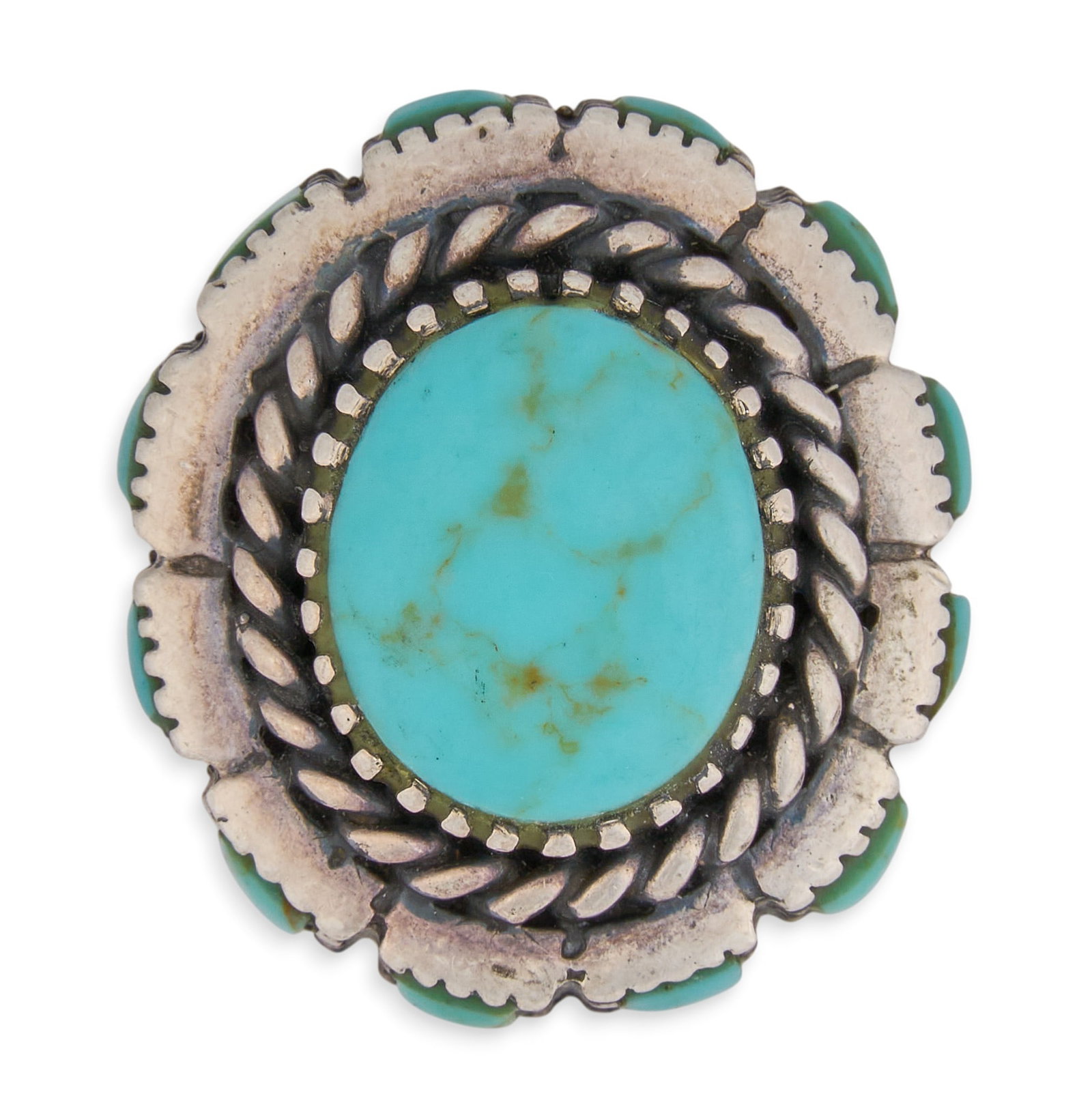 Zuni Sterling & Turquoise Ring: Zuni sterling silver ring, set with round turquoise cabochon, accented by additional square cut turquoise, featuring twisted wire motif and stamped details, marked "925 GER" Size: 6 Total we