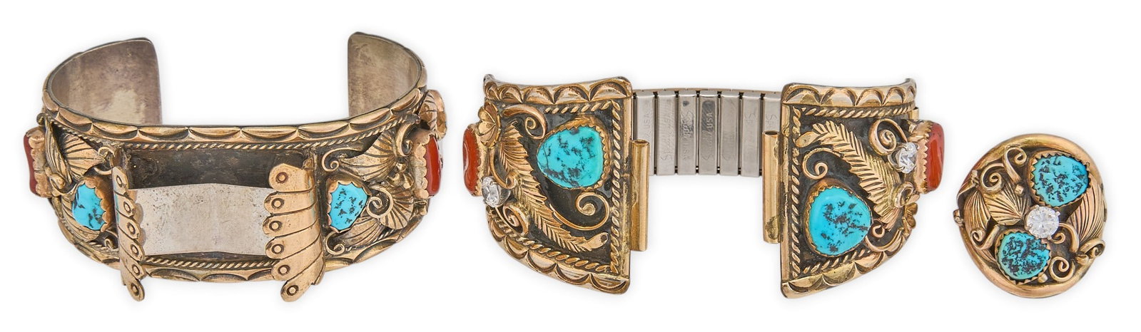 Watch Band, Watch Cuff, and Ring: Two gold-toned sterling silver watch bands and ring, each set with turquoise ad coral, with stamped details and feather motifs, marked "VK" Ring size: 11 Total weight: 101.7 g Provenance: Pr