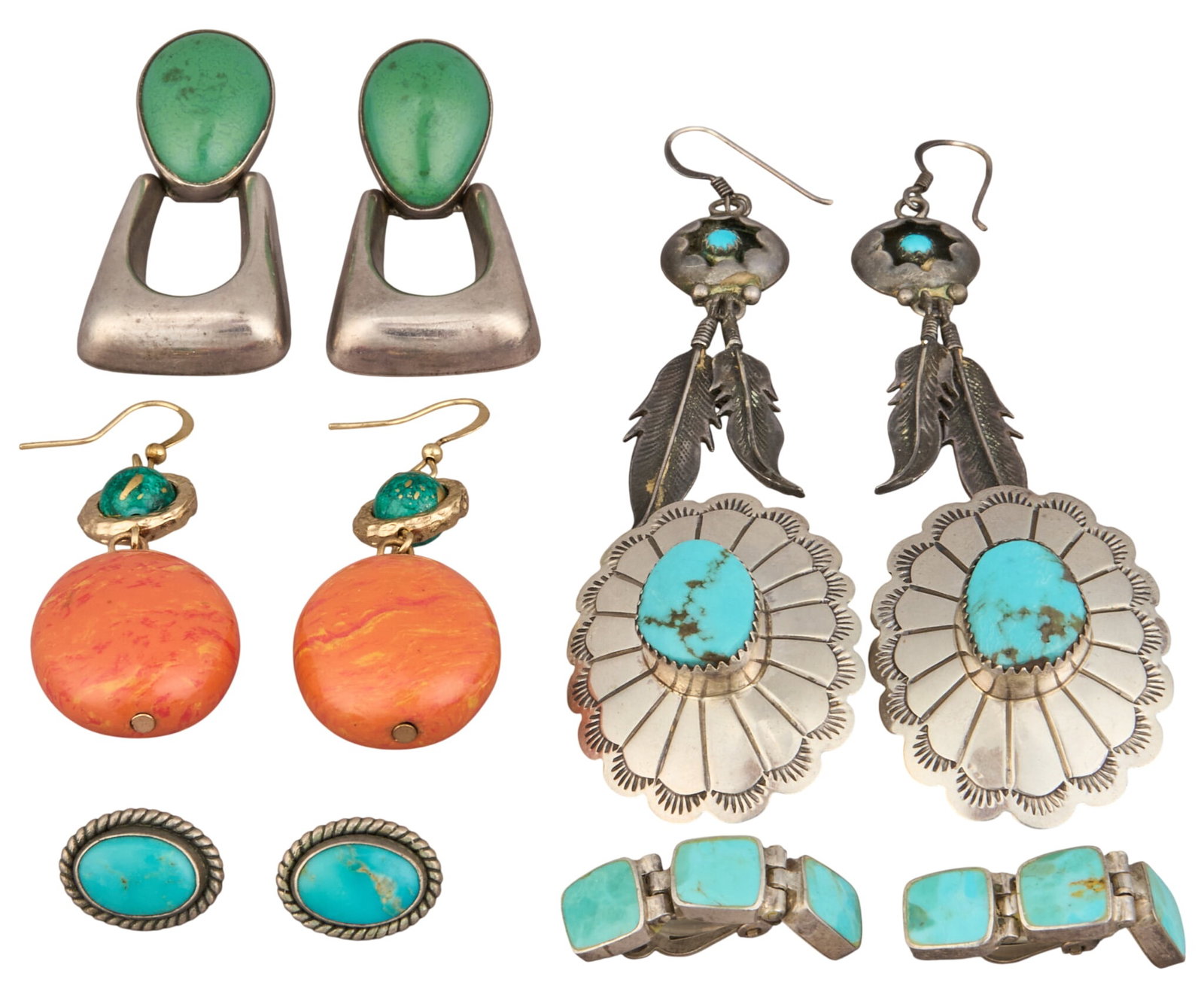 (6) Pairs of Sterling & Multi-Stone Earrings: Six pairs of sterling silver earrings, set with turquoise and spiny oyster, featuring concho, feather, and twisted wire motifs, marked Total weight: 66.6 g Provenance: Property from a home in Durham, 