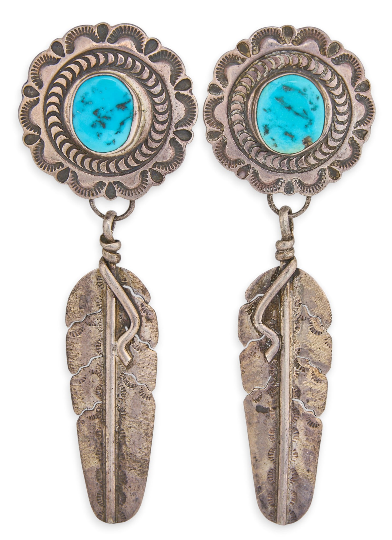 Delbert Delgarito, Navajo Sterling & Turquoise Feather Earrings: Delbert Delgarito, pair of Navajo sterling silver dangle earrings, set with turquoise and feather motif detail, marked "D. Delgarito Sterling" Length: 3.25 in. Total weight: 21.8 g Provenanc