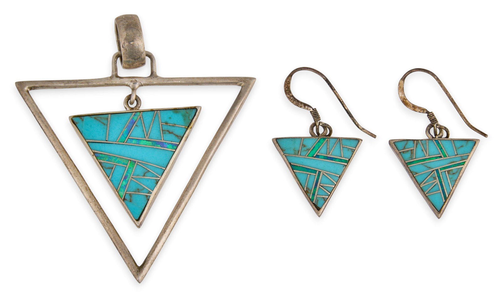 Zuni Sterling & Multi-Stone Pendant and Earrings Set: Zuni sterling silver pendant and earrings set, featuring triangular design set with turquoise and opal geometric inlay, each piece signed "JN Sterling" Size: 2 in. x 1.75 in. / pendant