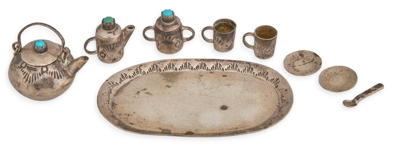 Navajo Miniature Sterling & Turquoise Tea Set: Navajo sterling silver miniature tea set, with turquoise details and stamped design, hallmarked "RRW", possibly Robert Whitman Size: 2.25 in. x 1.25 in. / serving tray Total weight: 16.1 g