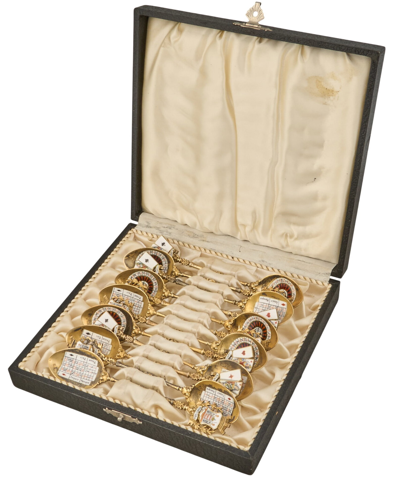 (12) Antique Casino-Themed Enamel Silver Souvenir Spoons: Collection of twelve antique souvenir spoons, .800 and .900 silver, each featuring casino-themed designs, with enamel work, housed in presentation box with a satin lining Length: 5 in. / each Total