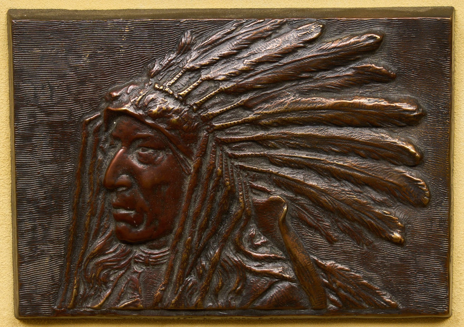 Henry Farny, "Indian Chief" Bronze: Henry Farny (Amer., 1847-1916), "Indian Chief", bronze plaque, incised title, signature, and edition number along lower edge, 75/200 bronze: 6 x 8 in., frame: 17 x 18 .5 in. Provenance:
