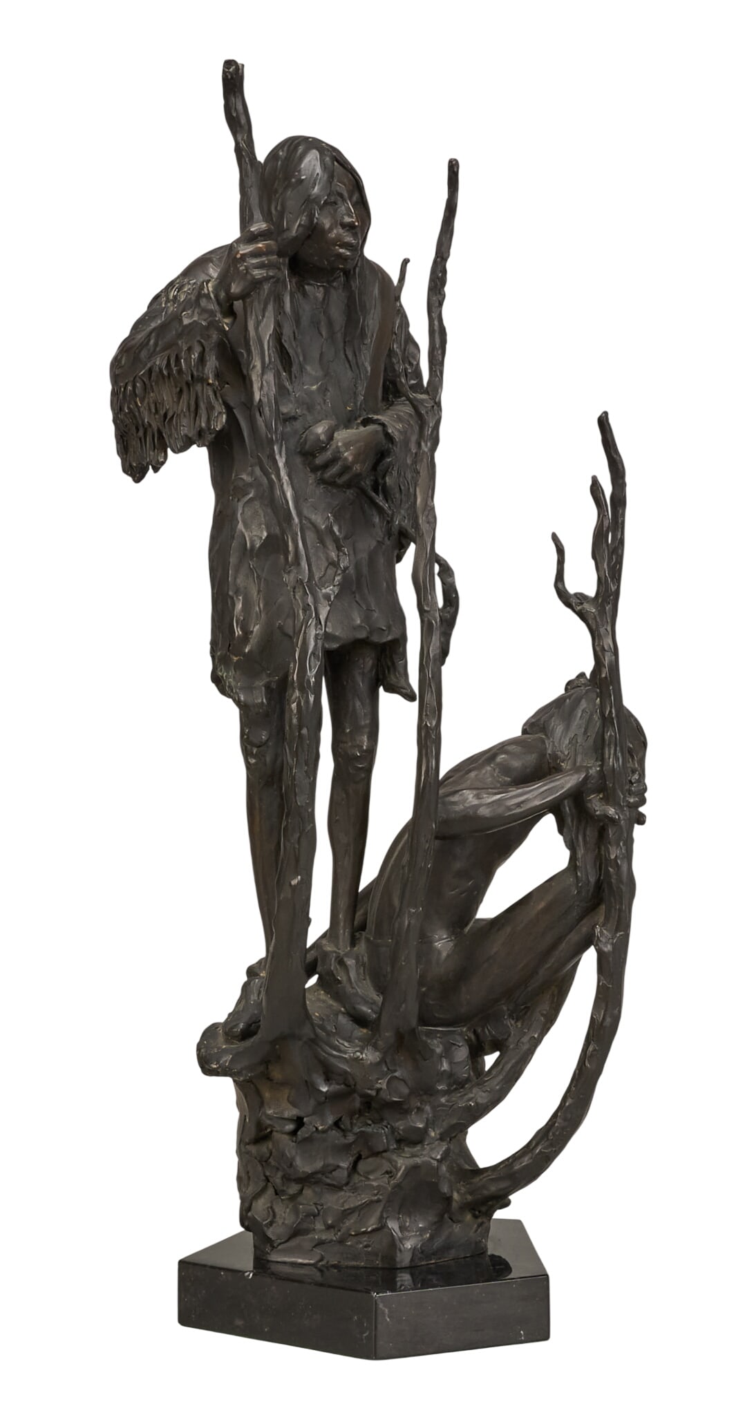Richard Greeves, "Sheep Eaters": Richard Vernon Greeves (Wyoming / Missouri, 1935-2022), "Sheep Eaters-- Shoshone, circa 1830", artist-cast bronze sculpture on stone base, with incised signature, edition number #1,