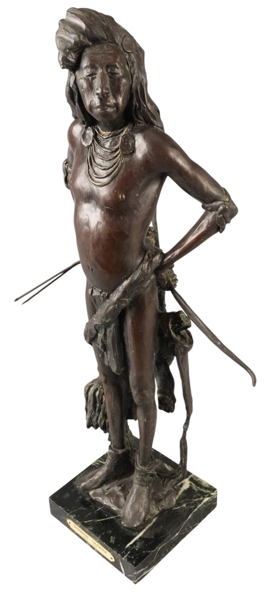 Richard Greeves, "Shoshone - Bannock": Richard Vernon Greeves (Wyoming / Missouri, 1935-2022), " Shoshone - Bannock, circa 1830", artist-cast bronze sculpture on stone base, with incised signature, edition number #3, and