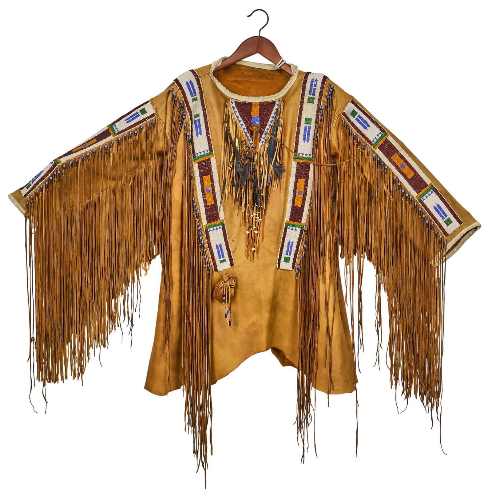 Plains Indian War Shirt by Cheri Capello: Cheri Cappello (Colorado, b. 20th C.), Plains (Lakota Sioux) war shirt handcrafted with historical techniques learned from Native tribes, with all-natural materials including horsehair, feathers, and
