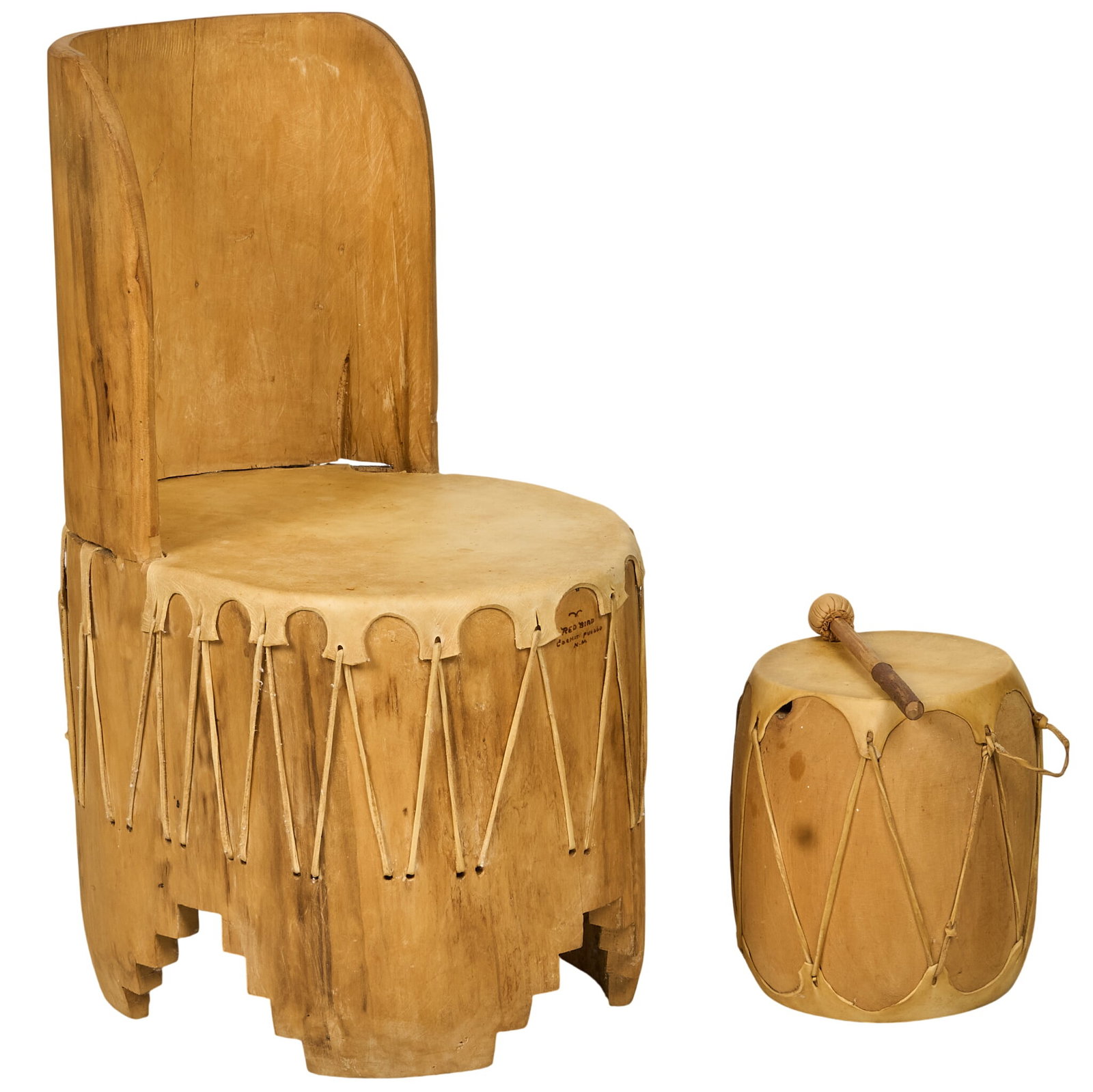 Red Bird Cochiti Drum, Stick and Chair Set: Red Bird (Cochiti Pueblo, New Mexico) drum, stick, and chair set height 32 in. x width 16 in. x depth 20 in. / largest Provenance: Property from a San Antonio, Texas collection