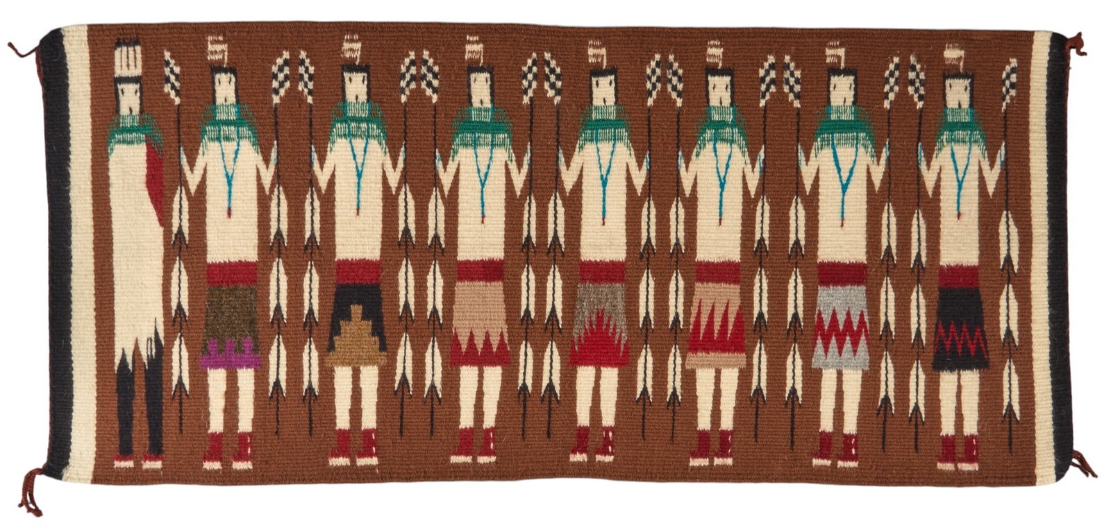 Maru Belone, Navajo Figural Rug with Photo: Maru Belone (American Navajo), Navajo figural rug including photo of artist holding rug 40 ft. x 18 ft. Provenance: Property from a home in San Antonio, Texas